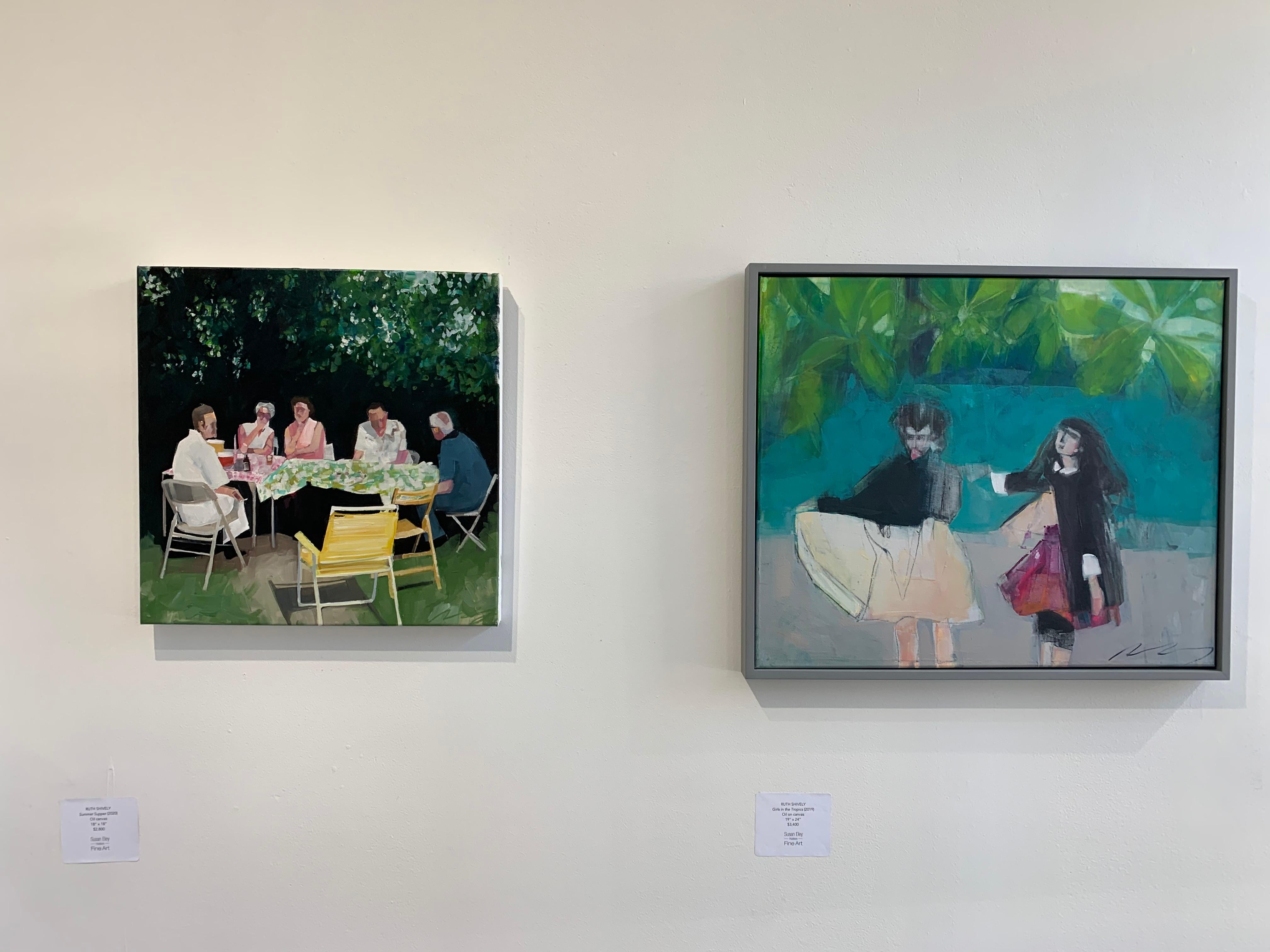Summer Supper, figurative oil painting on panel of family picnic - Painting by Ruth Shively