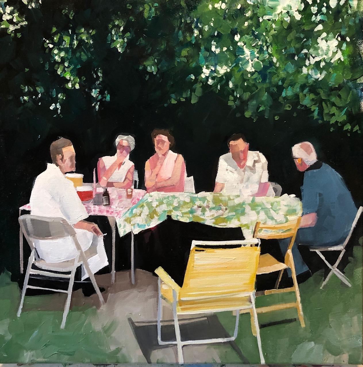 Ruth Shively Figurative Painting - Summer Supper, figurative oil painting on panel of family picnic
