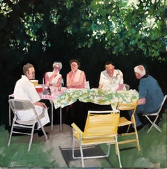 Summer Supper, figurative oil painting on panel of family picnic