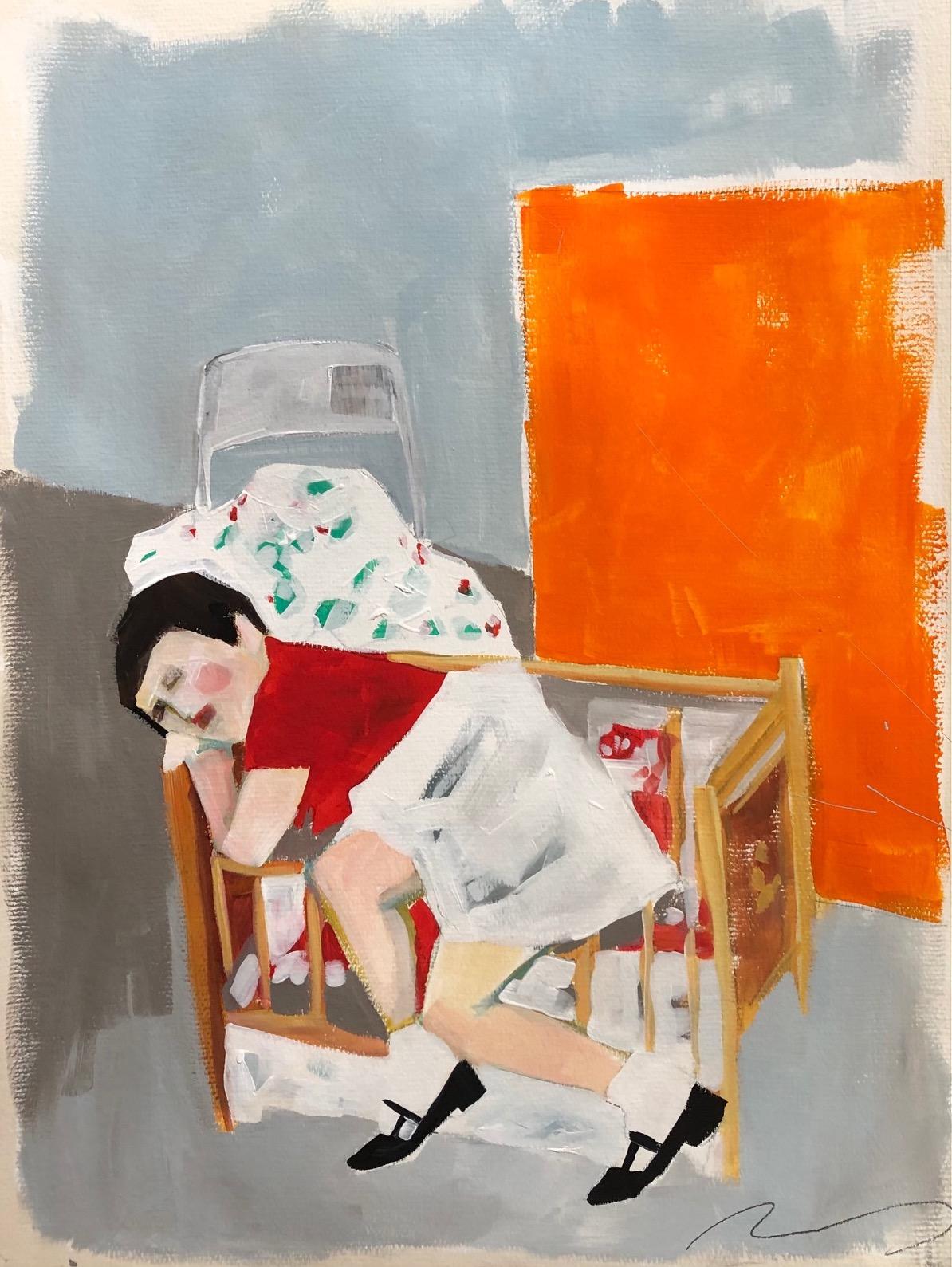 Ruth Shively Figurative Painting - Temper Tantrum, figurative oil painting of child, orange and blue