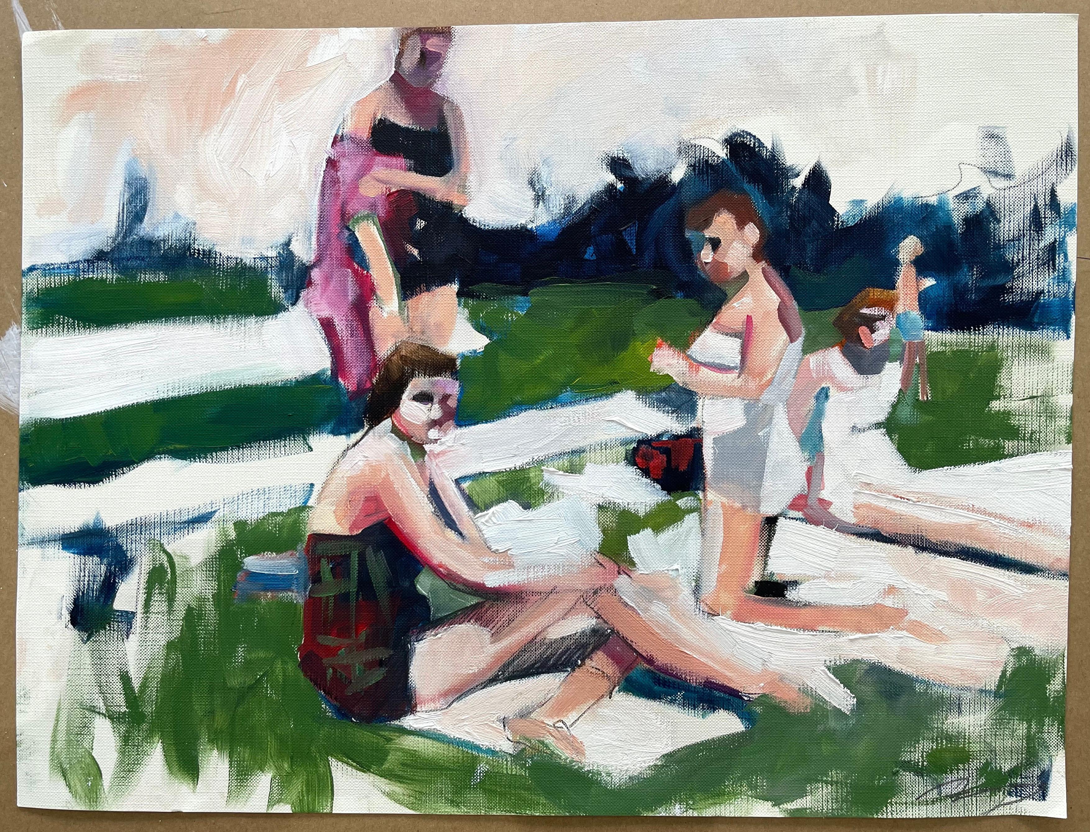 Untitled Study (Loungers), figurative oil painting of women relaxing on lawn - Painting by Ruth Shively