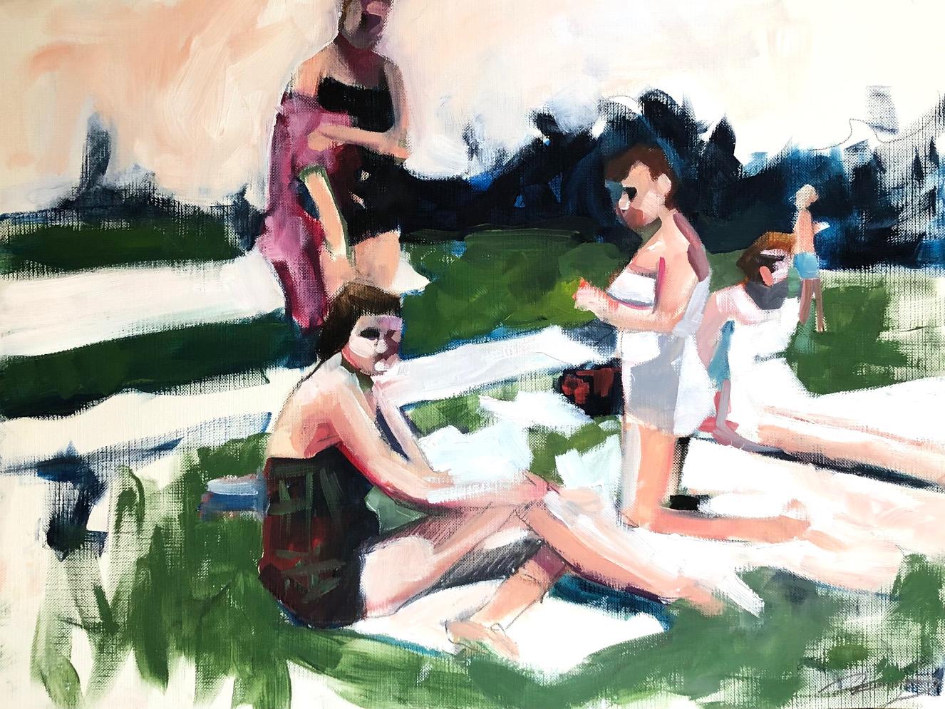Ruth Shively Figurative Painting - Untitled Study (Loungers), figurative oil painting of women relaxing on lawn