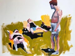 Untitled Study (Sunbathers), figurative oil painting of people on yellow chairs