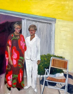 Vacation Home, figurative oil painting of women with yellow house