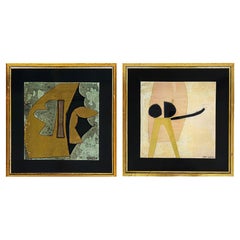 Ruth Sica Vintage Abstract Mixed Media Collage Paintings with Foil, Pair