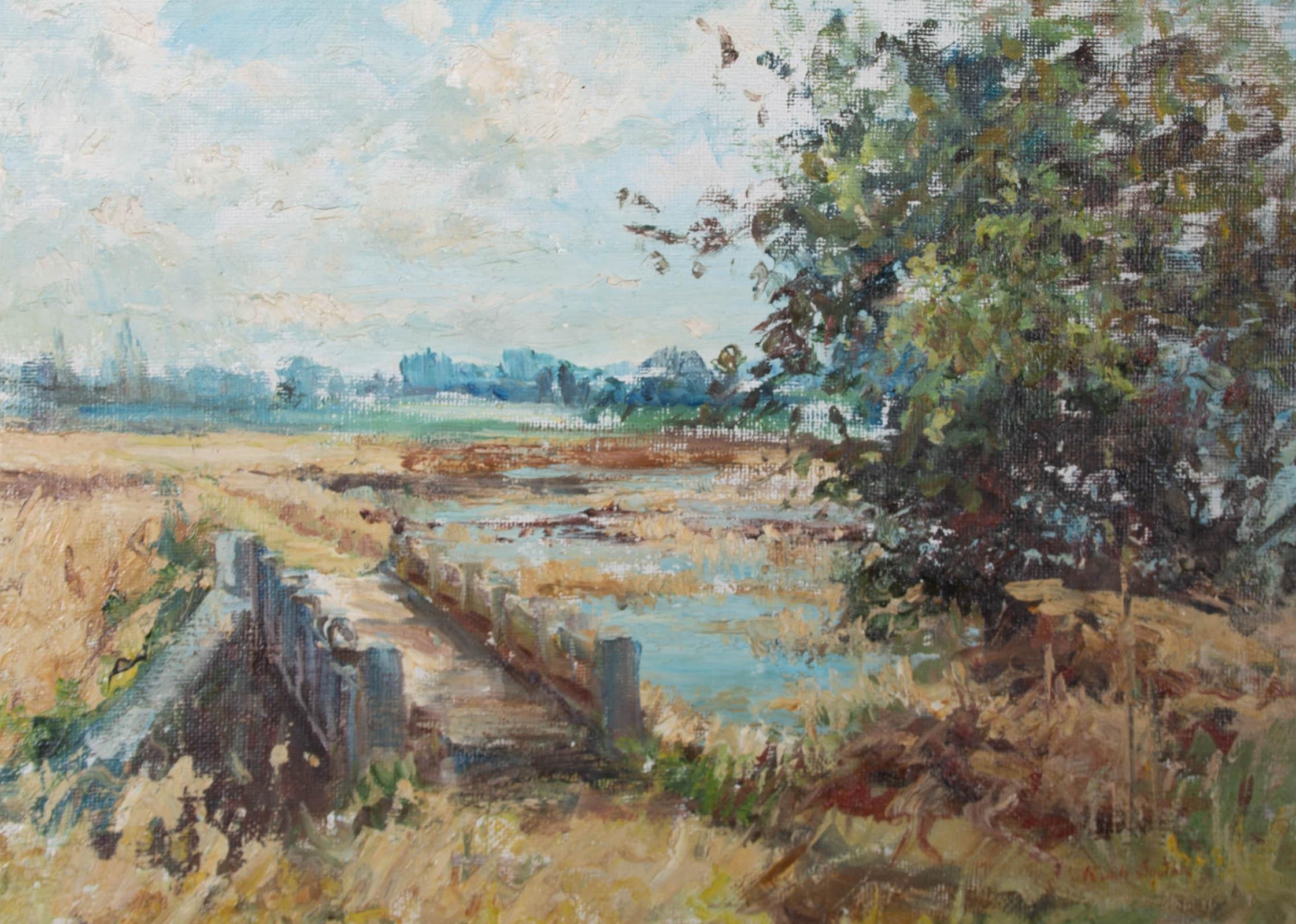 A beautifully captivating impasto oil painting by the artist Ruth Squibb, depicting a landscape scene with a small wooden bridge. Signed to the lower right-hand corner. The date is inscribed on the reverse. Presented in an off-white wooden frame. On