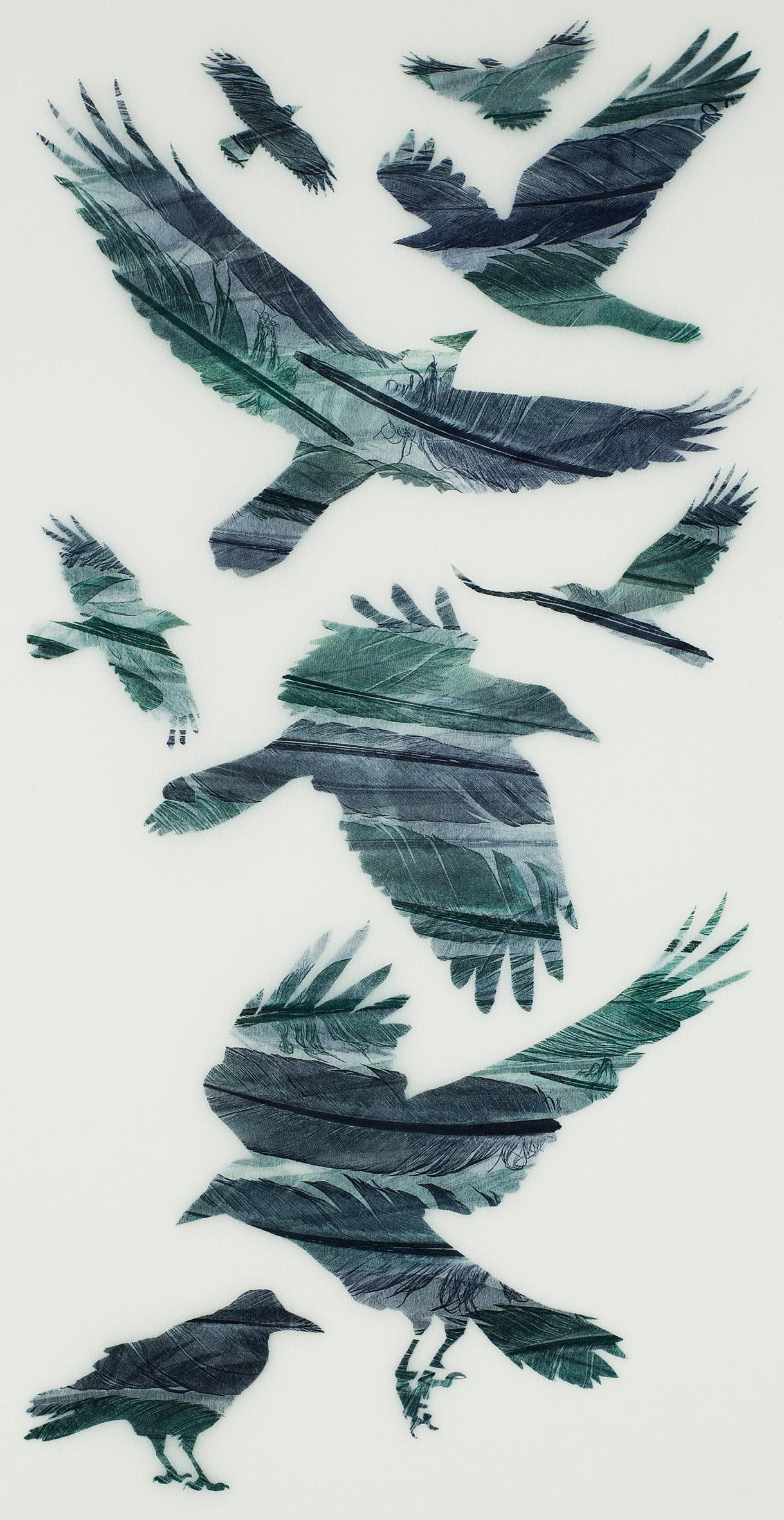 A Loosely Woven Flock of Rooks - original print feathers stencil Japanese paper - Print by Ruth Thomas