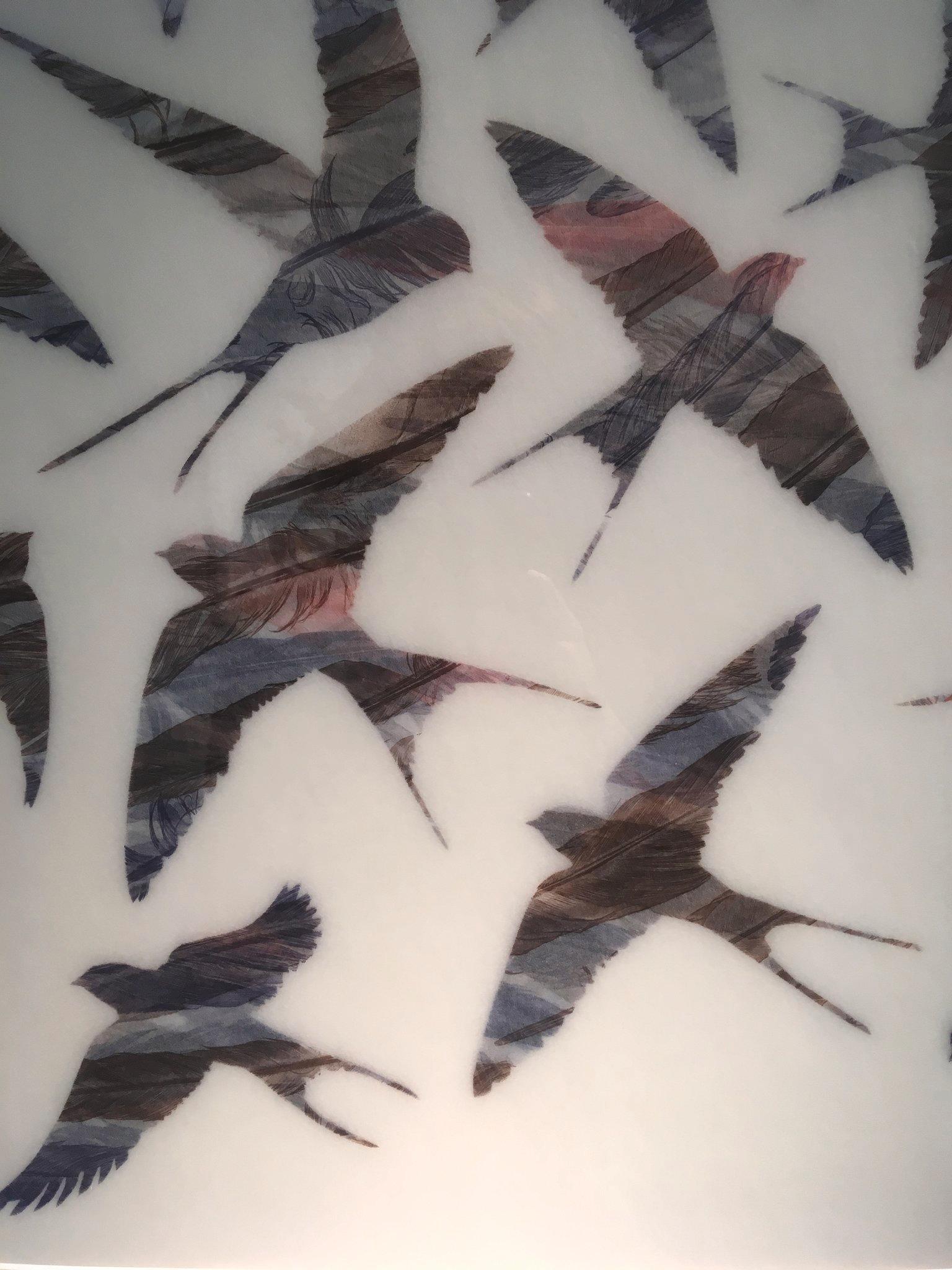 As Swift as Swallows Fly - original print feathers stencil Japanese paper - Print by Ruth Thomas