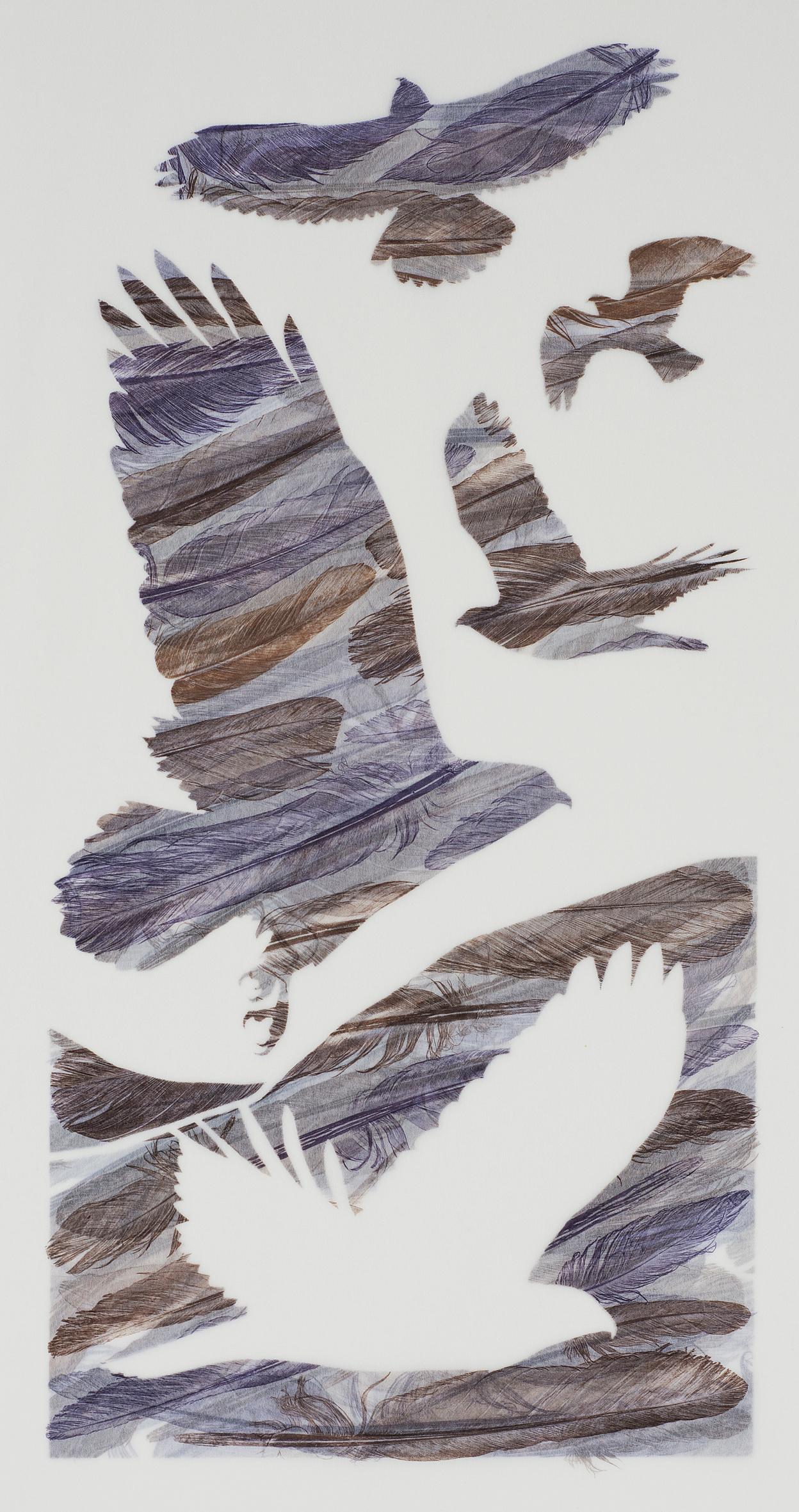 Ascend and Glide - zeitgenössisches Monodruck lila Vögel aus Washi-Papier