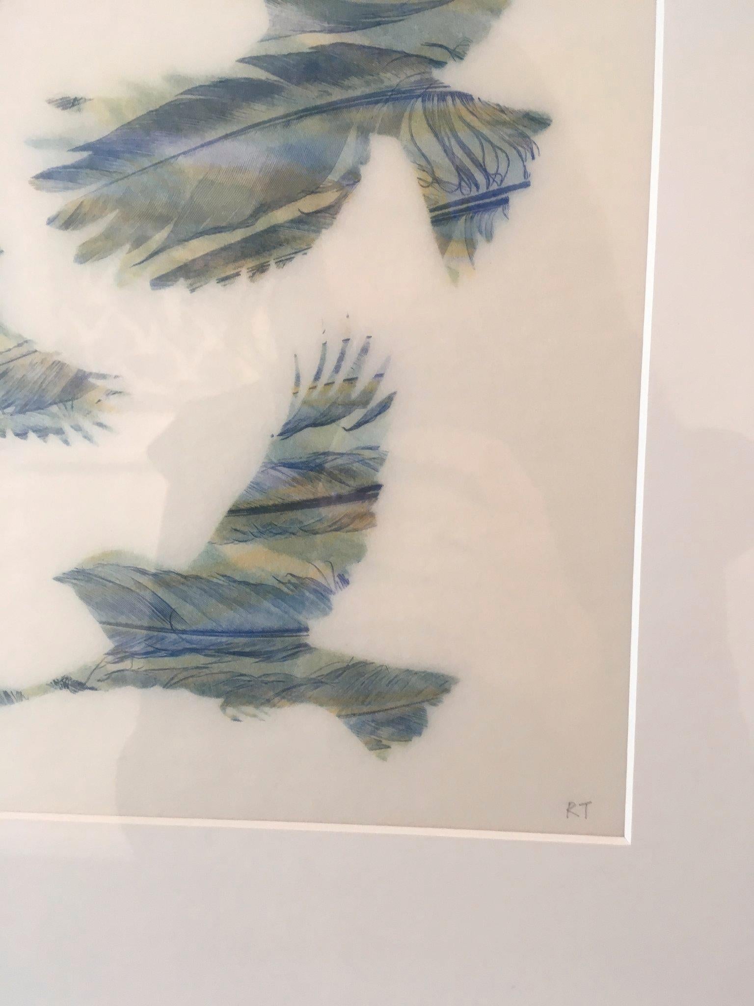 Yellow and Blue - original print feathers stencil Japanese paper - Print by Ruth Thomas