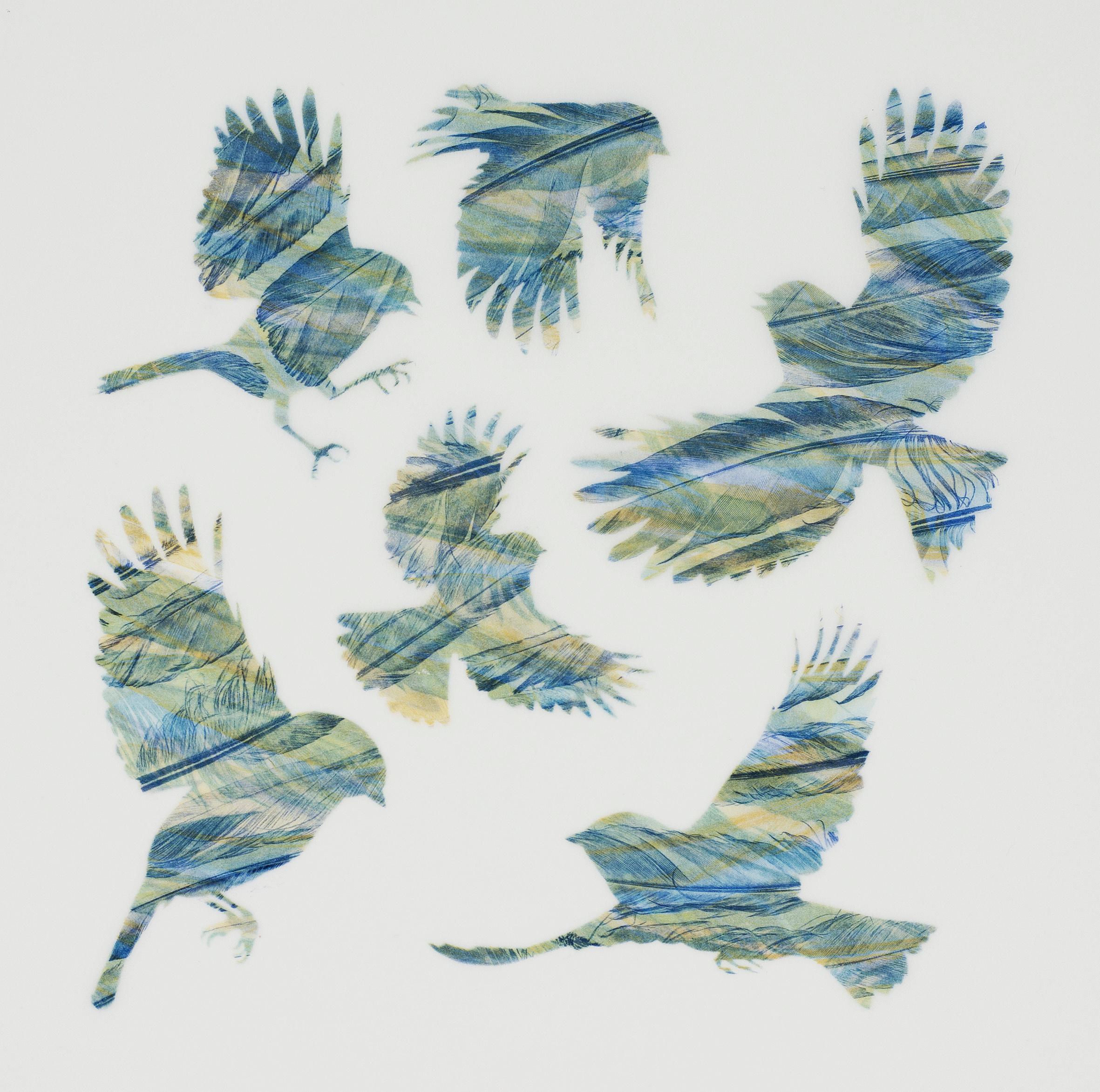 Yellow and Blue - original print feathers stencil Japanese paper - Print by Ruth Thomas