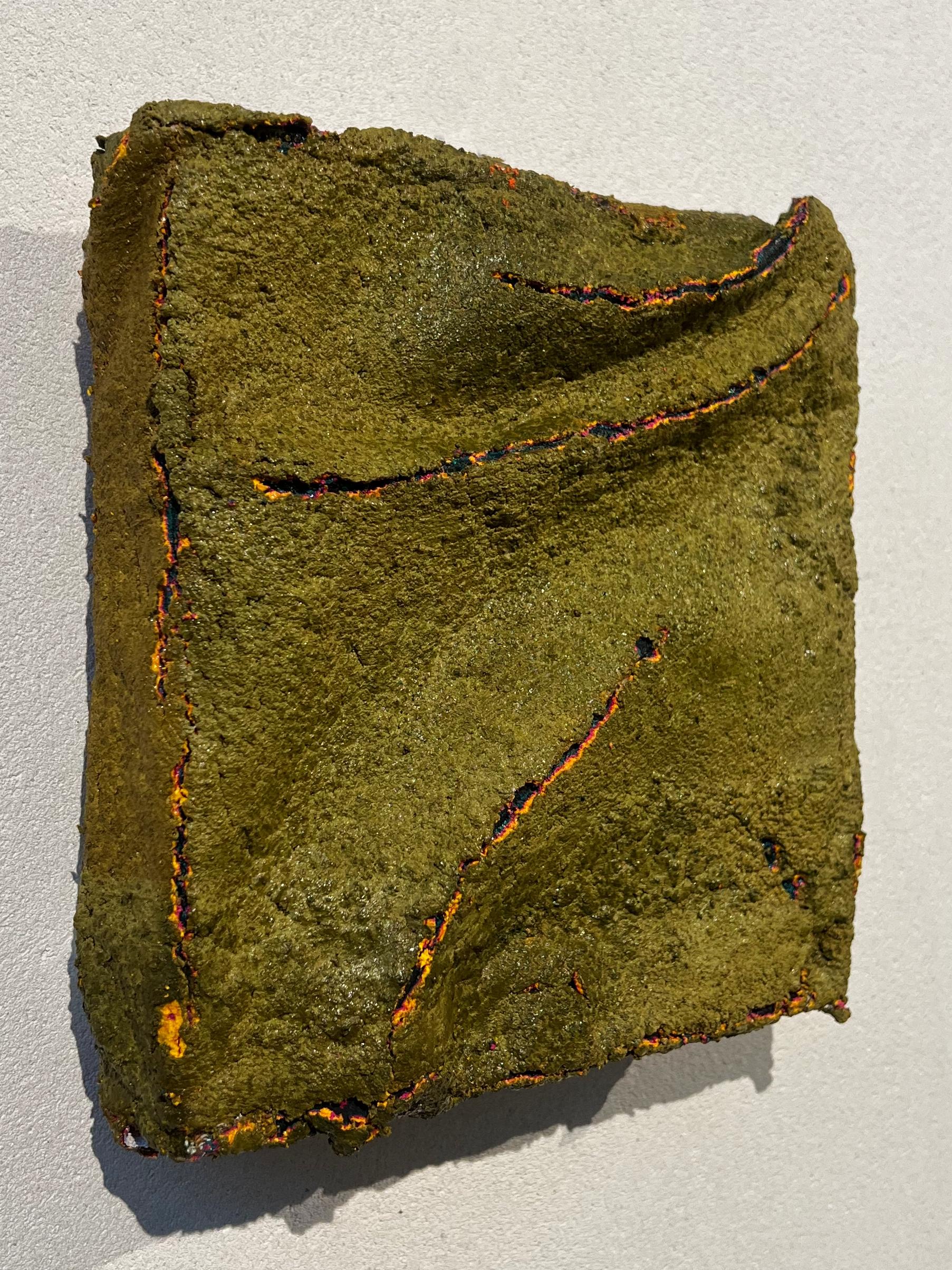 mountains of fabric, textured green with silkscreen paint full of folds & layers - Art by Ruth Vidal