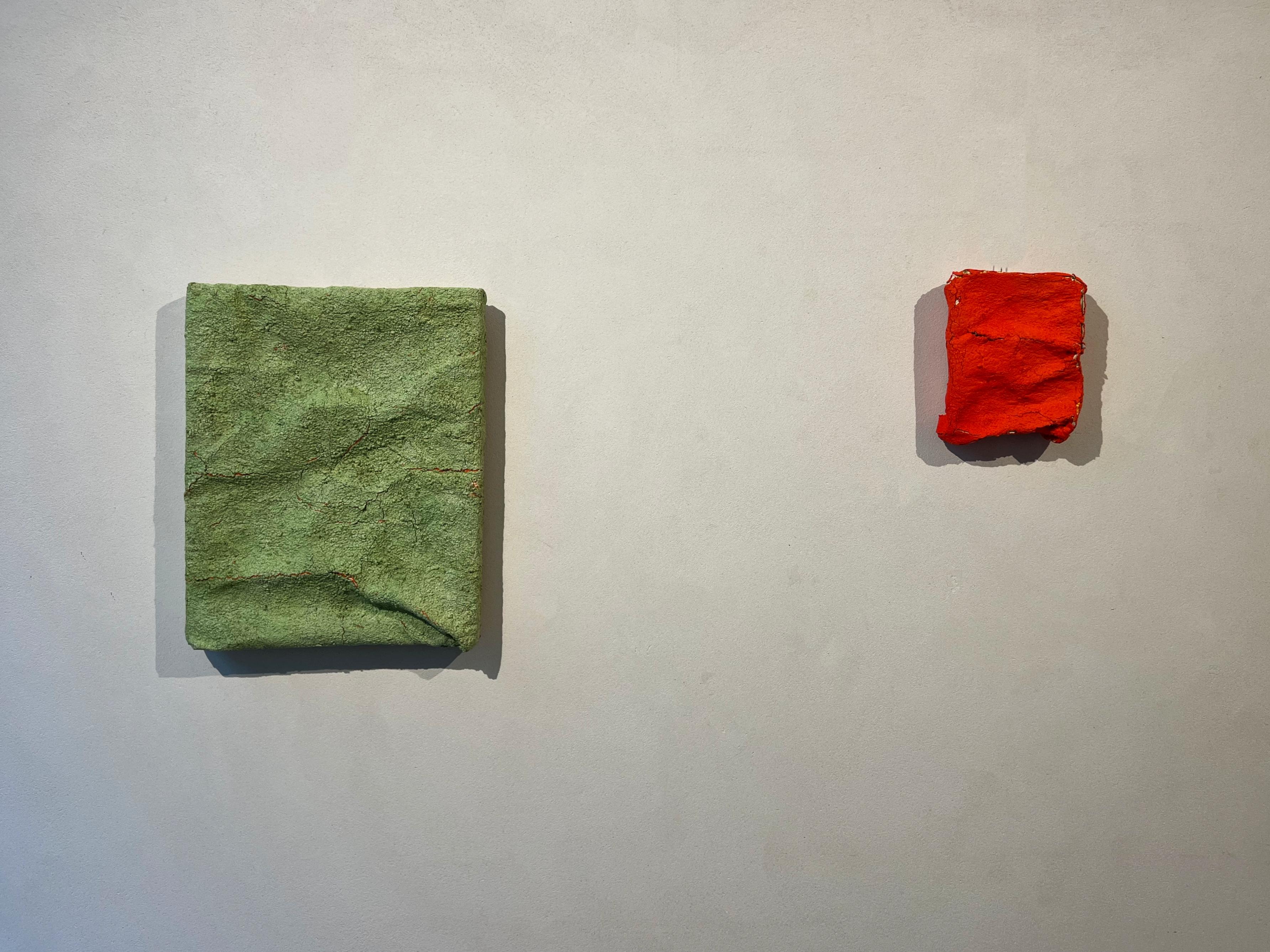 un prato verde riempito da centinaia di strati di vernice rimbalzante, un'opera tridimensionale - Abstract Painting Marrone di Ruth Vidal