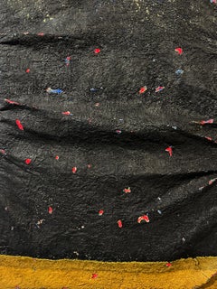 Large inflatable painting, layers and folds on canvas, black, yellow and red