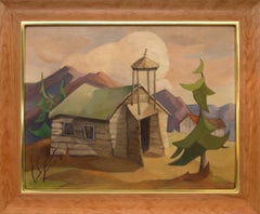 Mid Century Modern Oil Painting, Modernist Landscape with Adobe Church and Trees