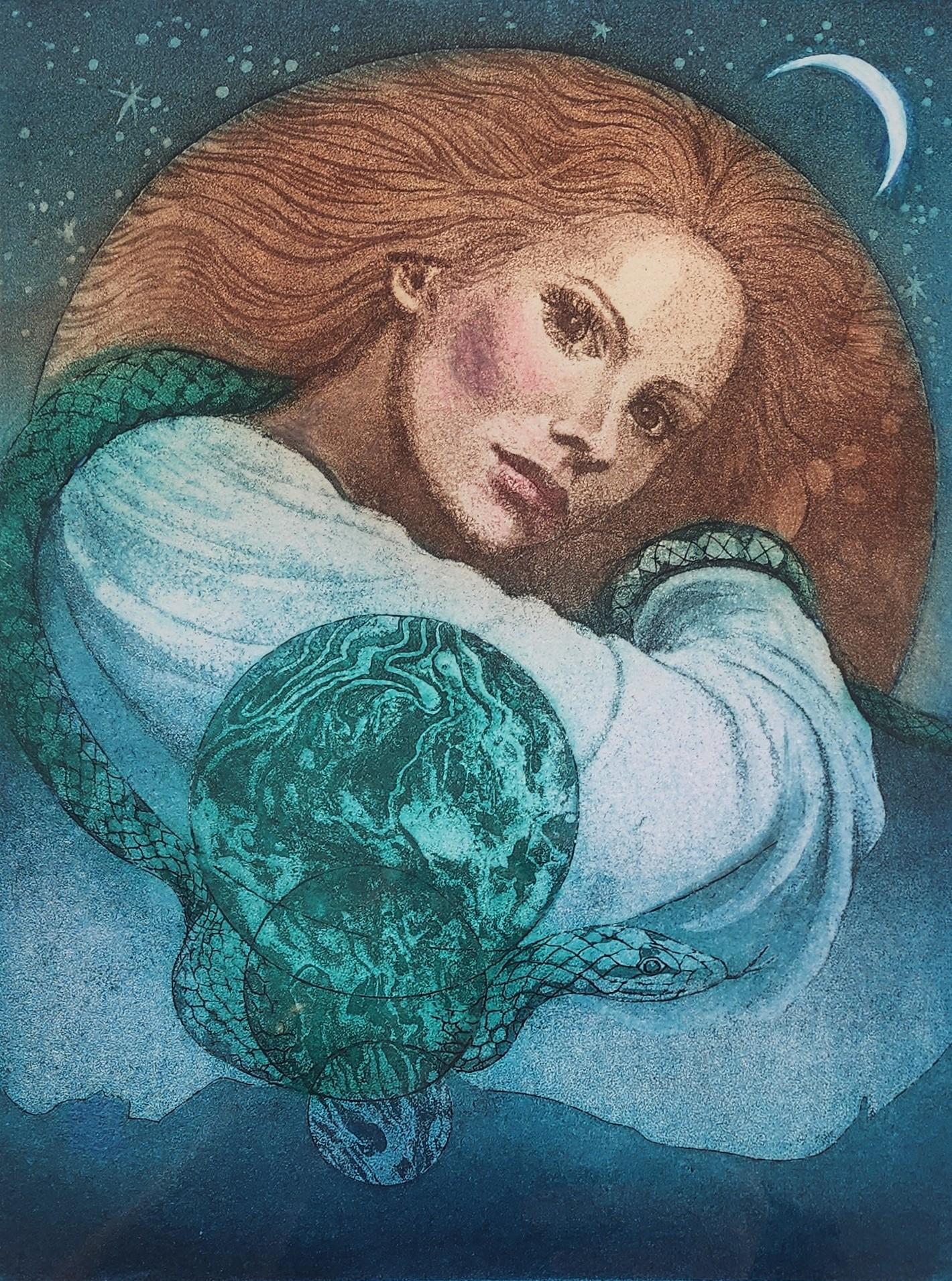 Donna della Terra, Luna Presente, Serpente, Surreale, Insolito , Planetario, Terrestre - Print di Ruth Zachary