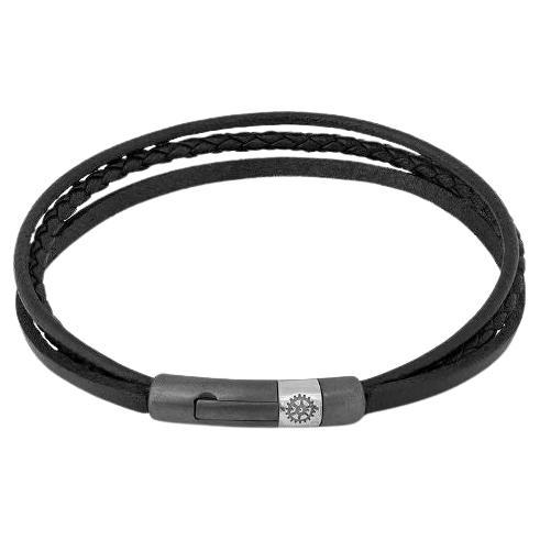 Ruthenium Plated Sterling Silver Gear Click Bracelet with Black Leather, Size M