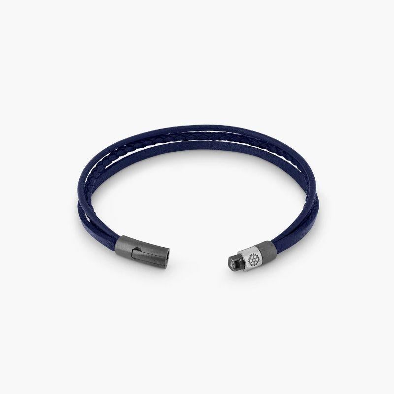 Uomo Bracciale Gear Click in argento placcato rutenio con pelle marrone, taglia L in vendita