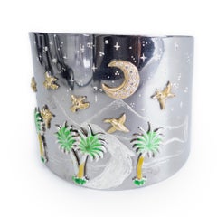 Ruthenium Silver Bracelet With 18K Gold Birds Enamel Palms Diamond Moon