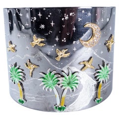 Ruthenium Silver Bracelet With 18K Gold Birds Enamel Palms Diamond Moon