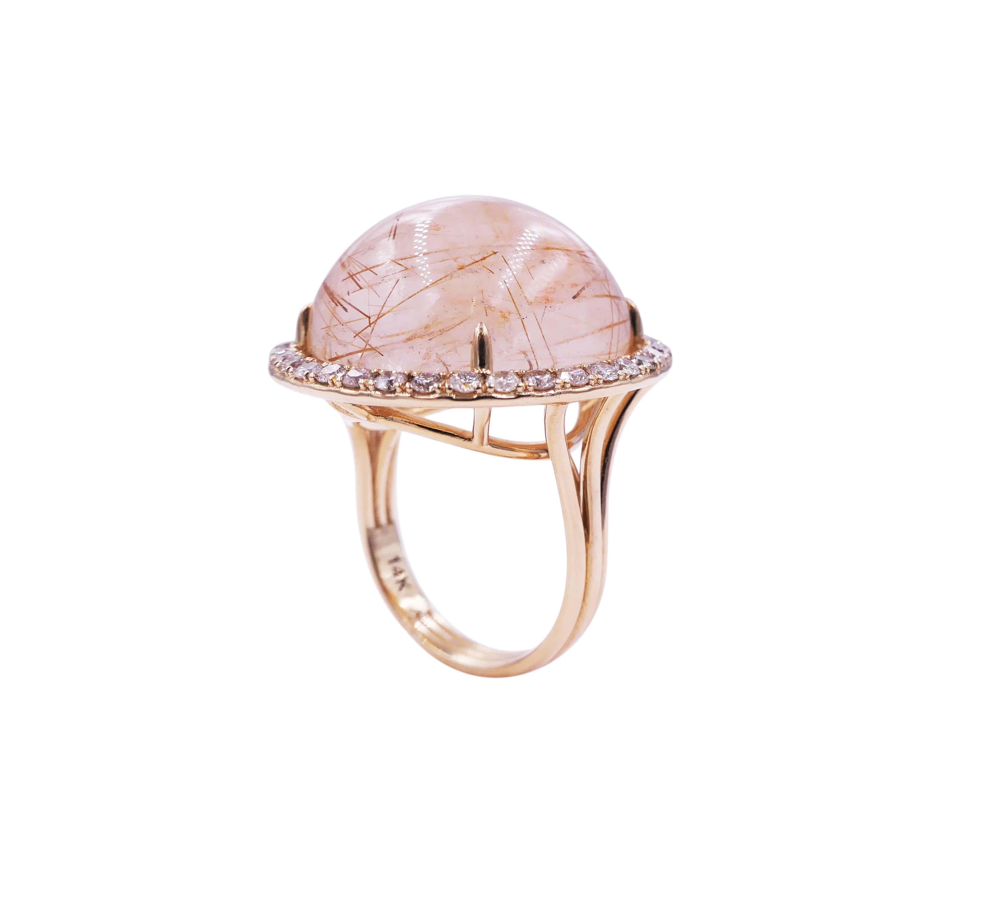 Art Deco Rutilated Pink Quartz Round Cabochon Halo Diamonds 14 Karat Yellow Gold Ring For Sale