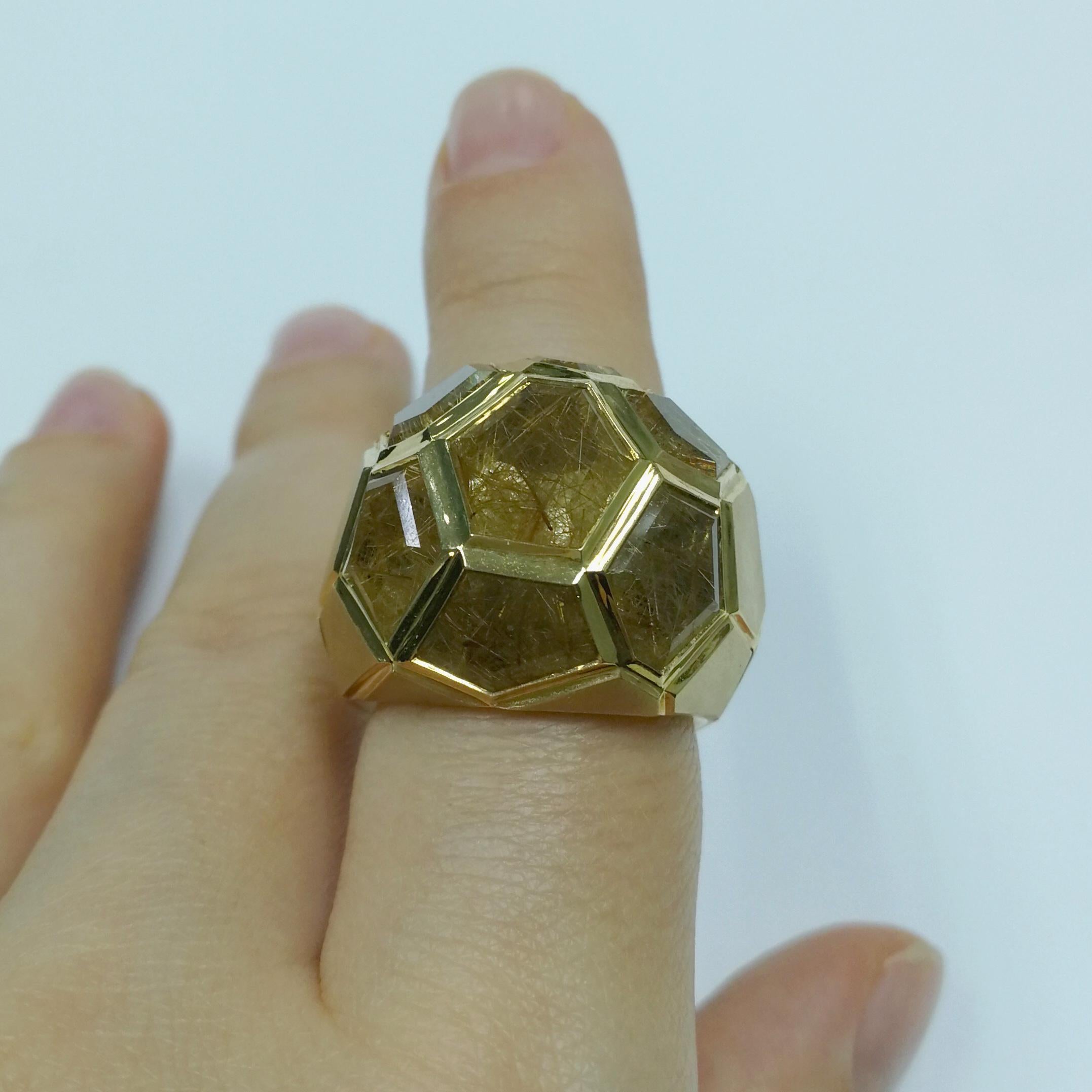 Rutilated Quartz 11.26 Carat 18 Karat Yellow Gold Geometry Ring For Sale 5