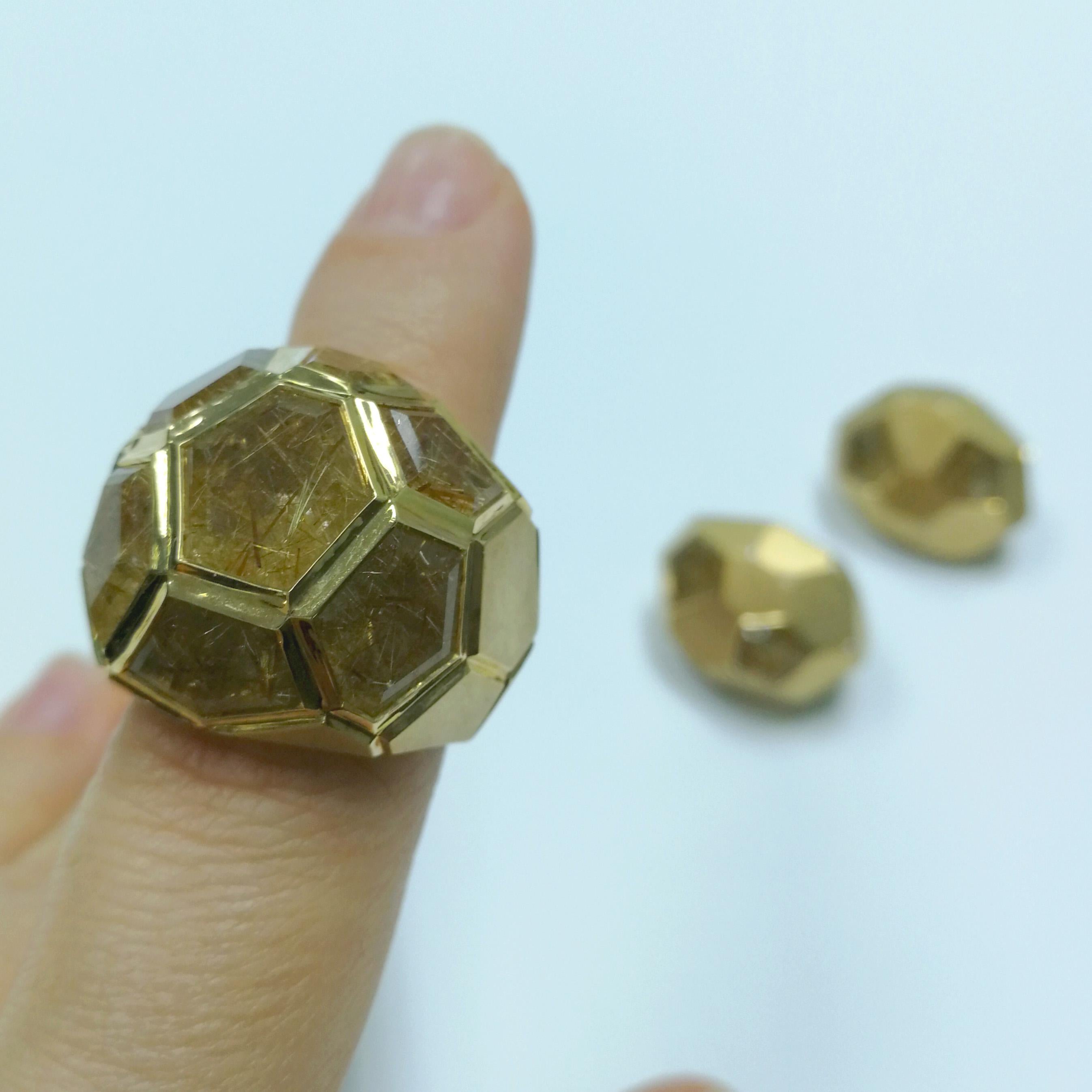 Rutilated Quartz 11.26 Carat 18 Karat Yellow Gold Geometry Ring For Sale 6