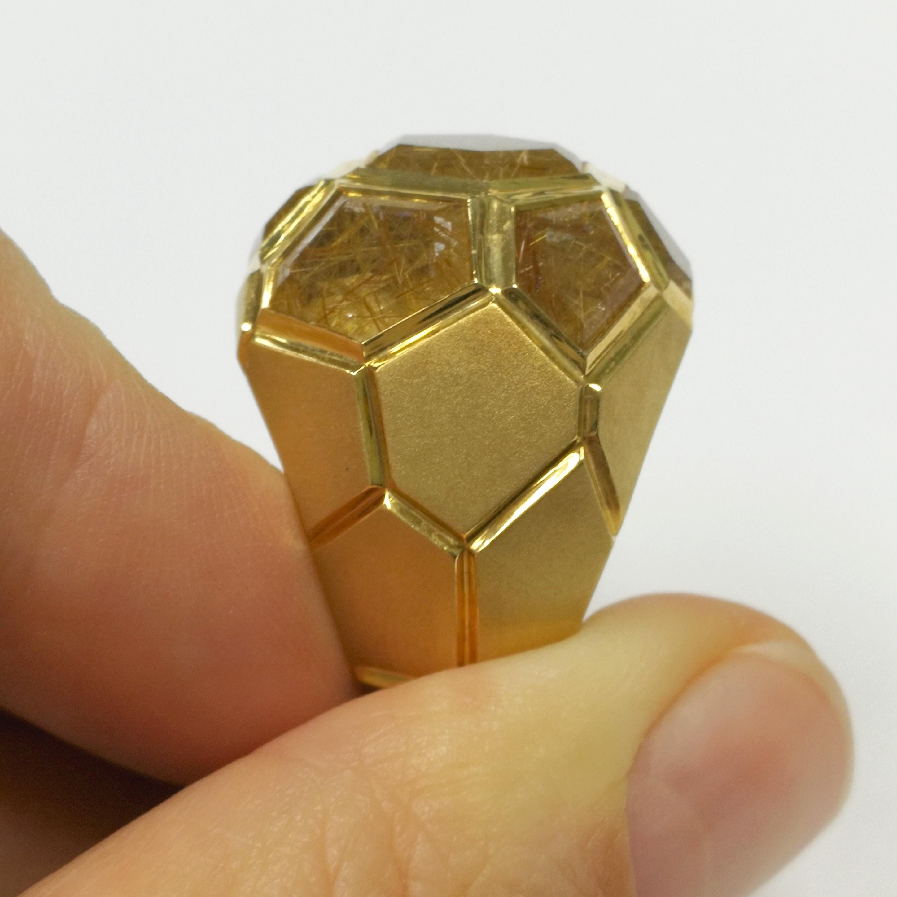 Mixed Cut Rutilated Quartz 11.26 Carat 18 Karat Yellow Gold Geometry Ring For Sale