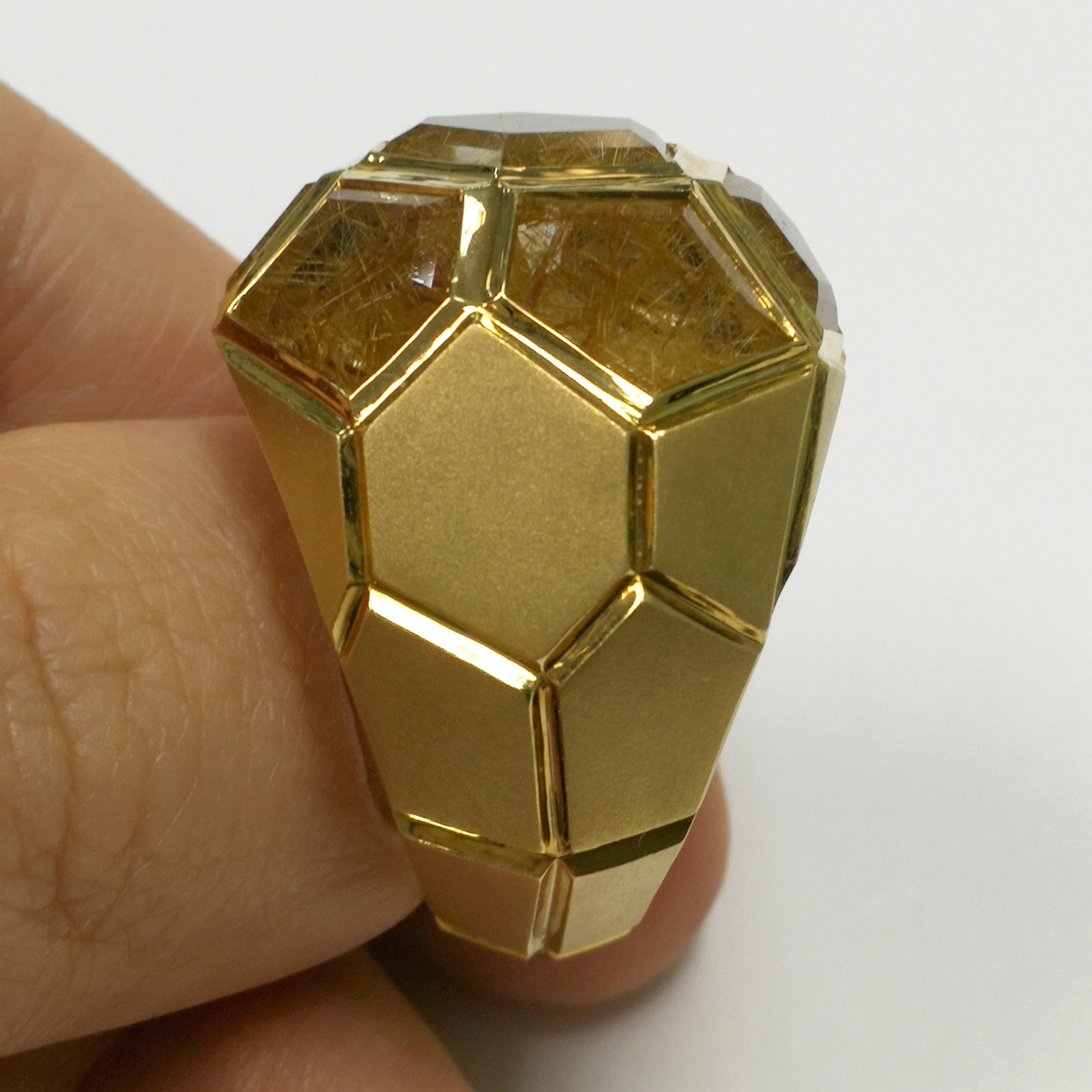 Mixed Cut Rutilated Quartz 11.26 Carat 18 Karat Yellow Gold Geometry Ring For Sale