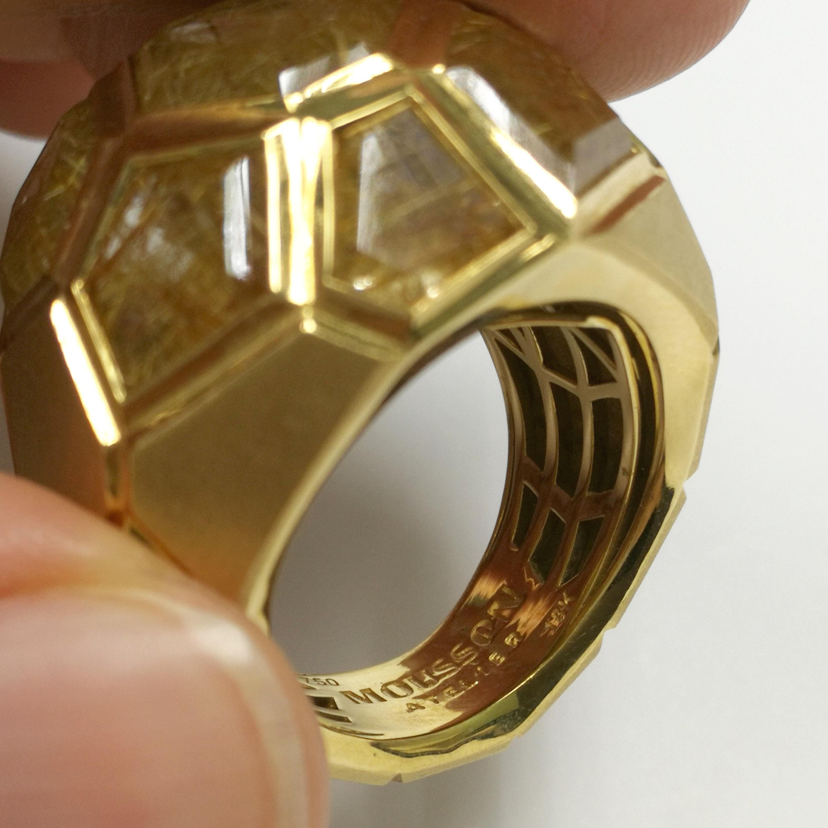 Women's Rutilated Quartz 11.26 Carat 18 Karat Yellow Gold Geometry Ring For Sale