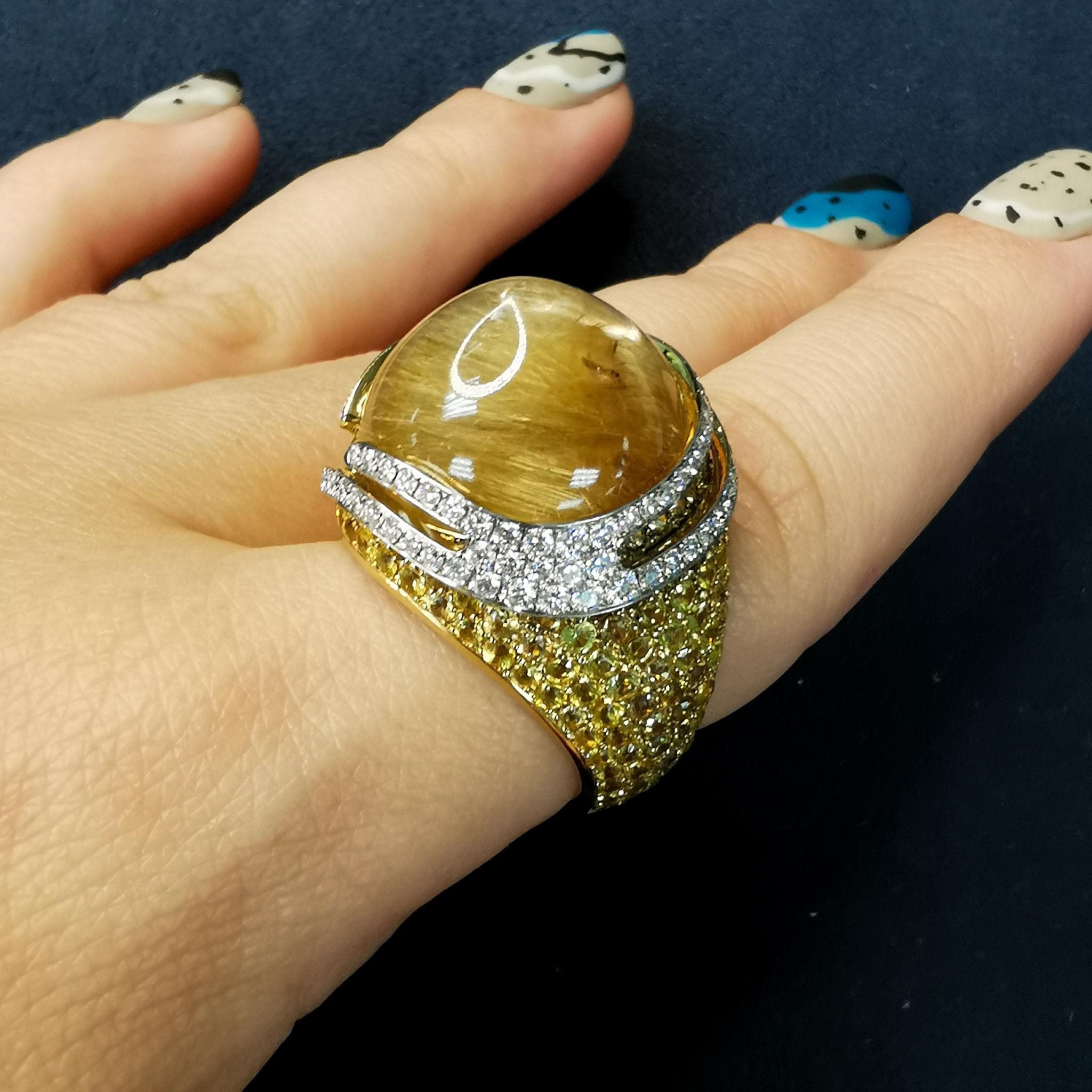 Rutilated Quartz 27.74 Carat Sapphires Diamonds 18 Karat Yellow Gold Fuji Ring For Sale 2