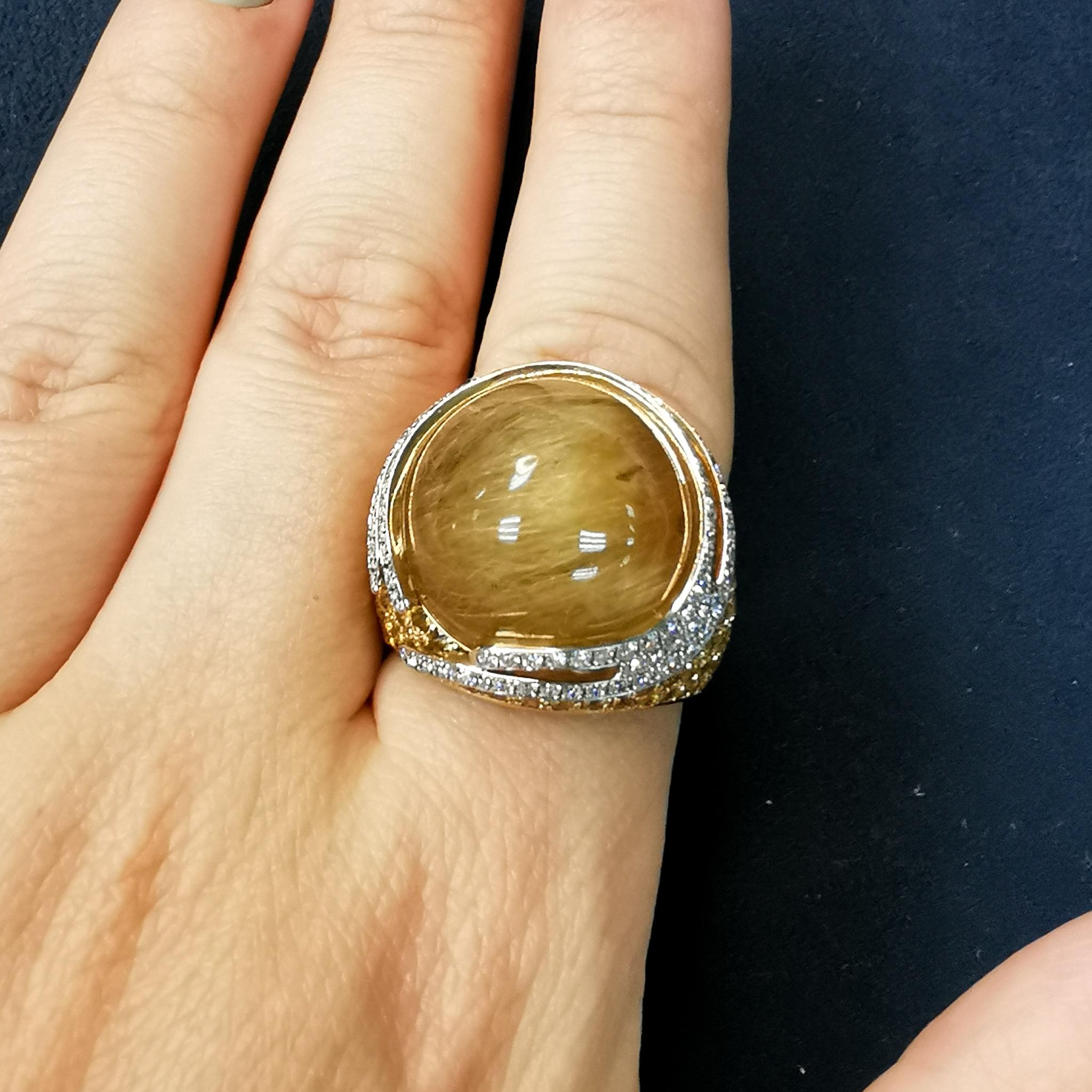 Rutilated Quartz 27.74 Carat Sapphires Diamonds 18 Karat Yellow Gold Fuji Ring For Sale 5