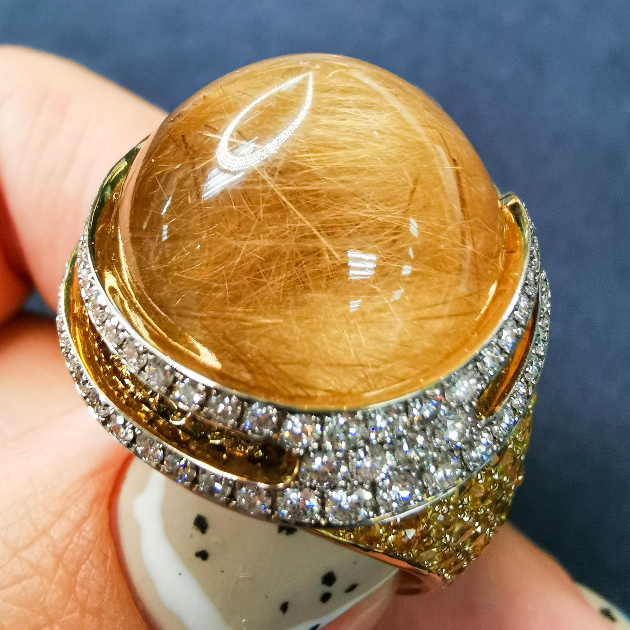 Cabochon Rutilated Quartz 27.74 Carat Sapphires Diamonds 18 Karat Yellow Gold Fuji Ring For Sale