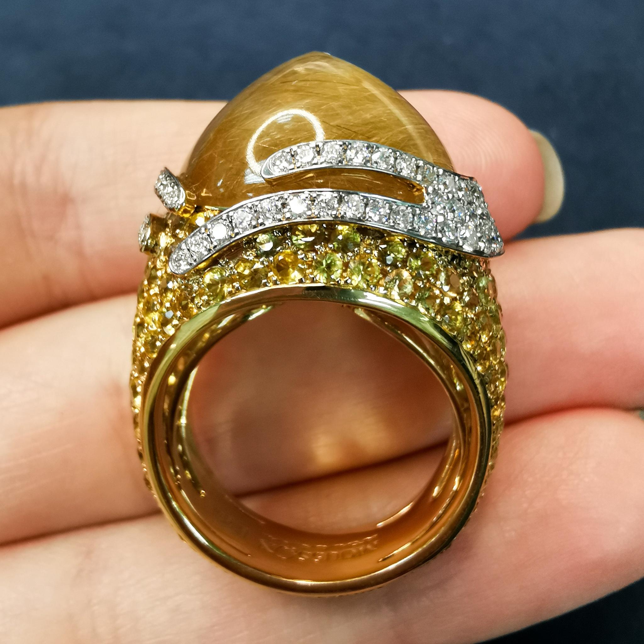 Rutilated Quartz 27.74 Carat Sapphires Diamonds 18 Karat Yellow Gold Fuji Ring In New Condition For Sale In Bangkok, TH