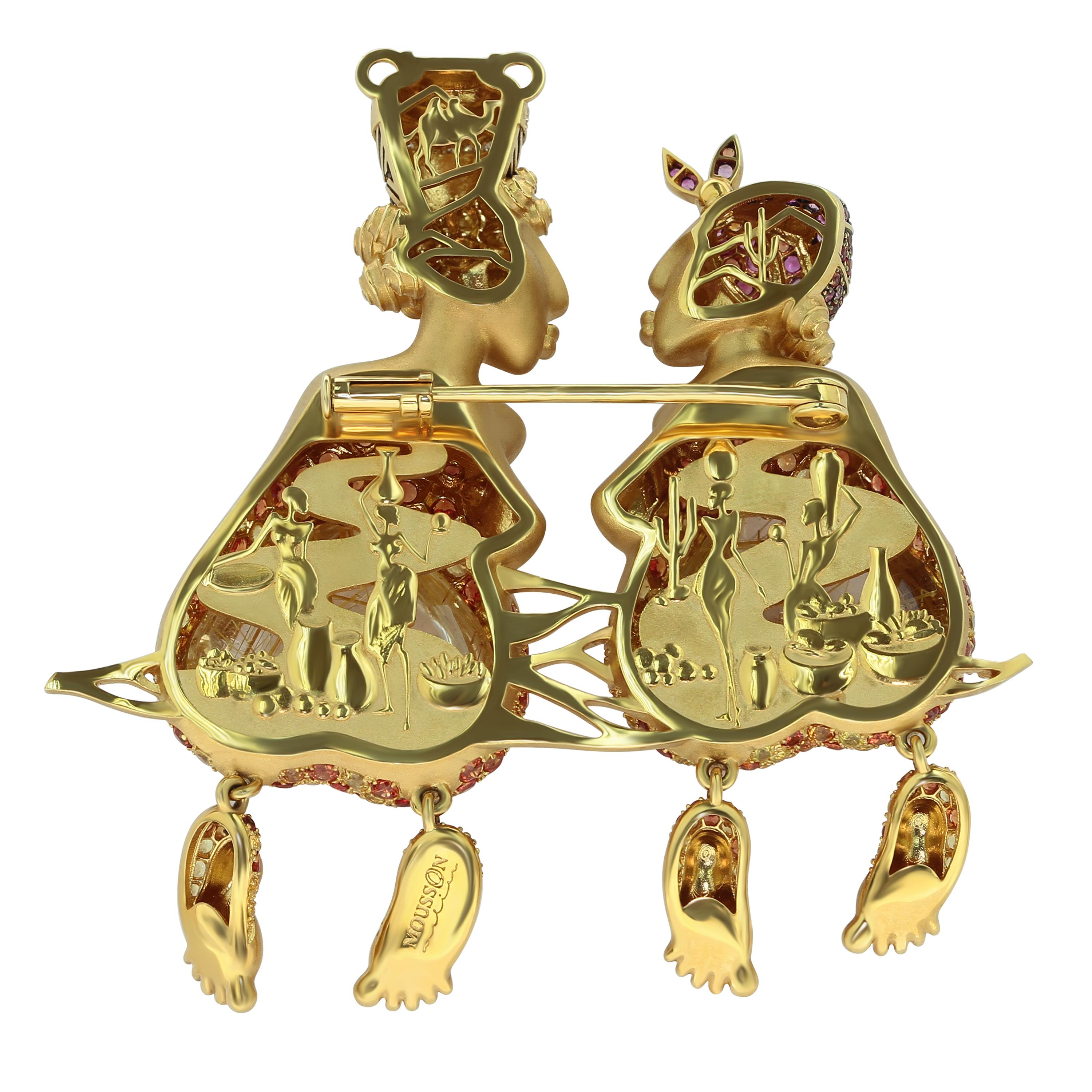 Rutilated Quartz 42.54 Carat Diamonds Sapphires 18 Karat Yellow Gold Friends Brooch
What could be more interesting than depicting a whole scene from life in jewellery? Pay attention to the two friends who sat down to have a jaw, everything in them