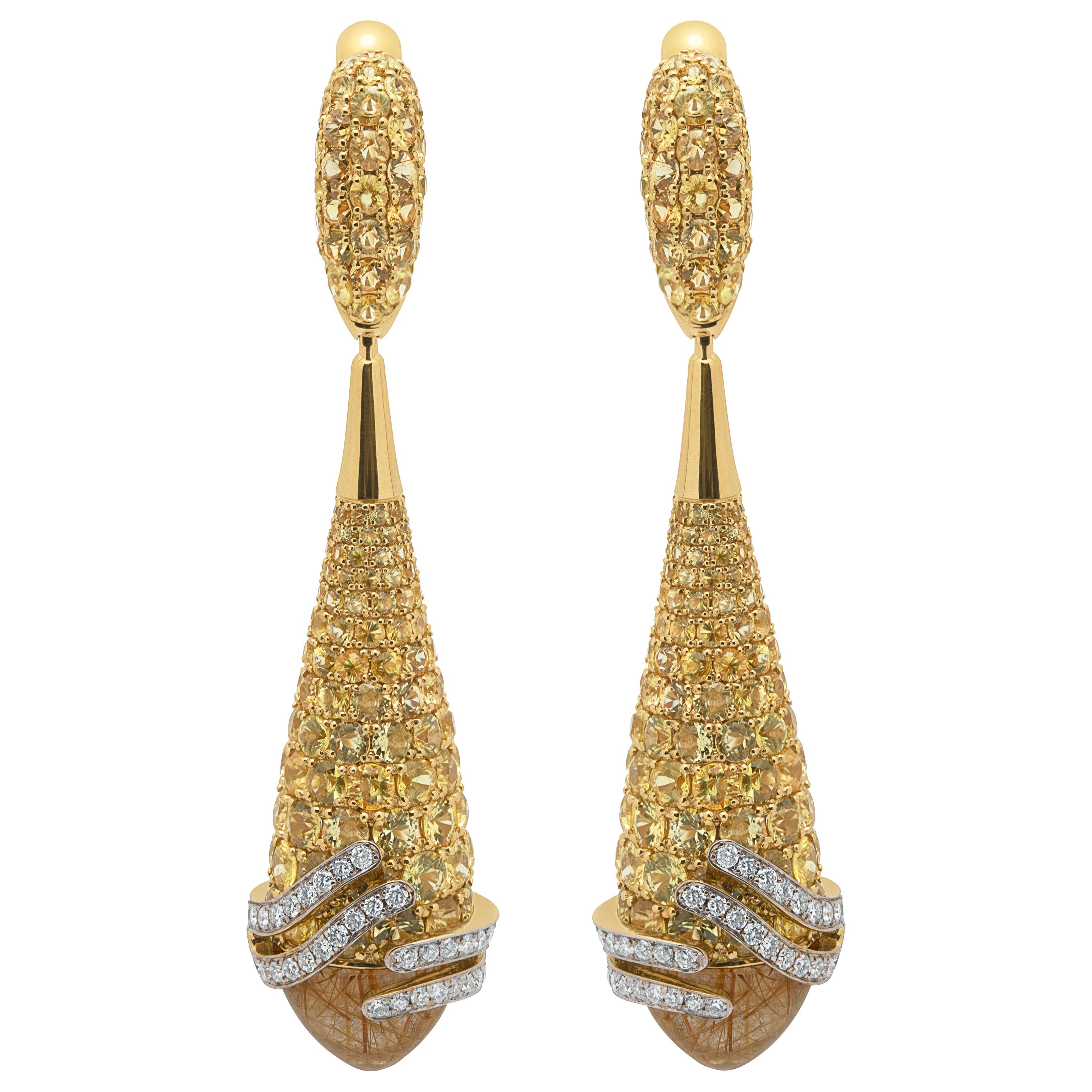 Rutilated Quartz 7.54 Carat Sapphire Diamonds 18 Karat Yellow Gold Fuji Earrings For Sale