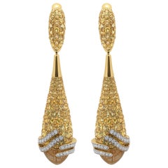 Rutilated Quartz 7.54 Carat Sapphire Diamonds 18 Karat Yellow Gold Fuji Earrings