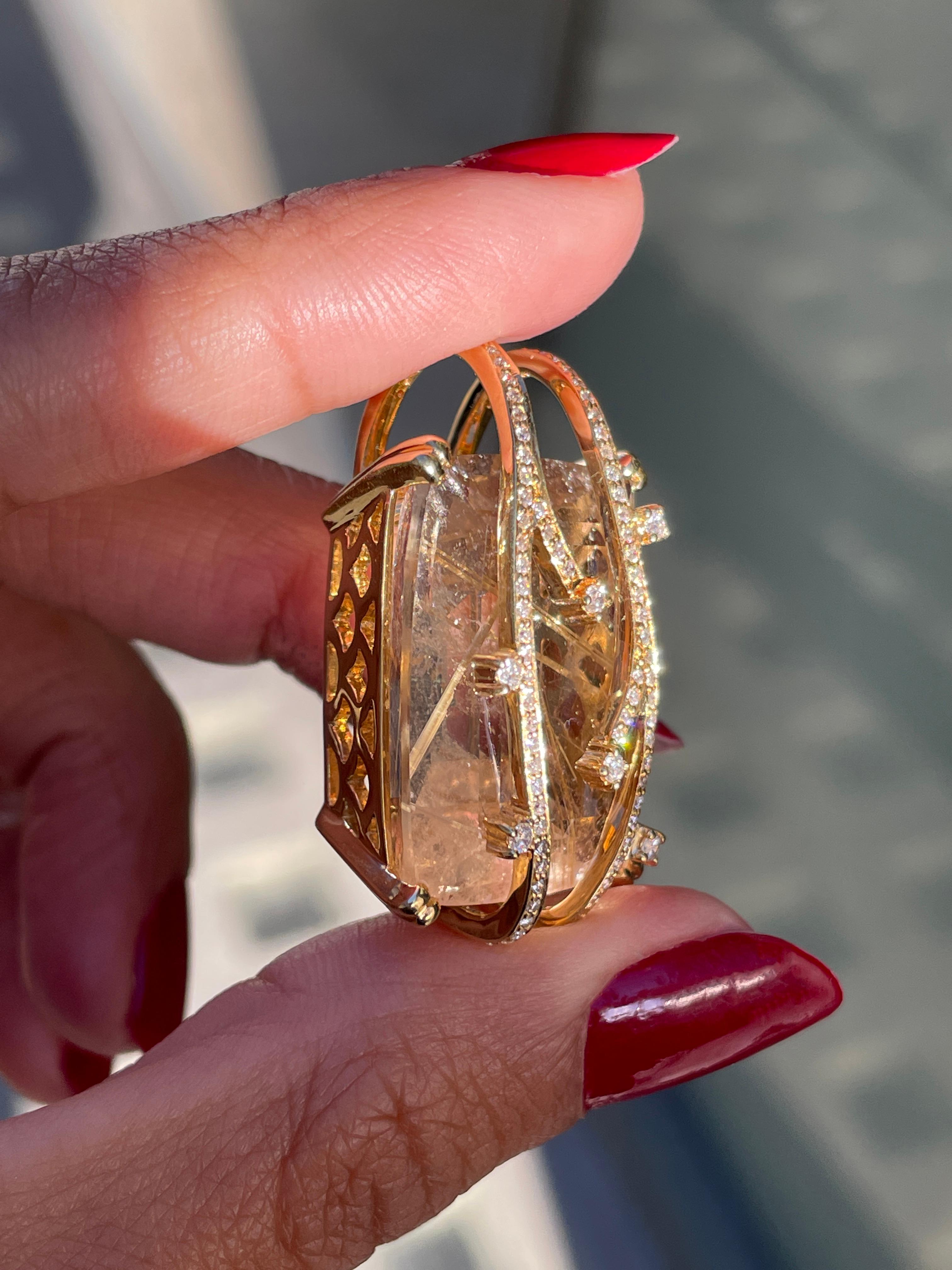 Rutilated Quartz and Diamond 18 Carat Yellow Gold Statement Pendant In Excellent Condition For Sale In London, GB