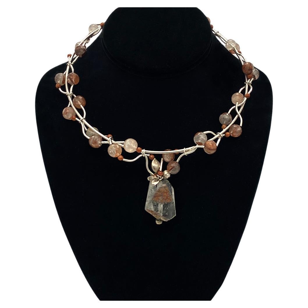 Bead Rutilated Quartz and Sterling Necklace with Pendant For Sale