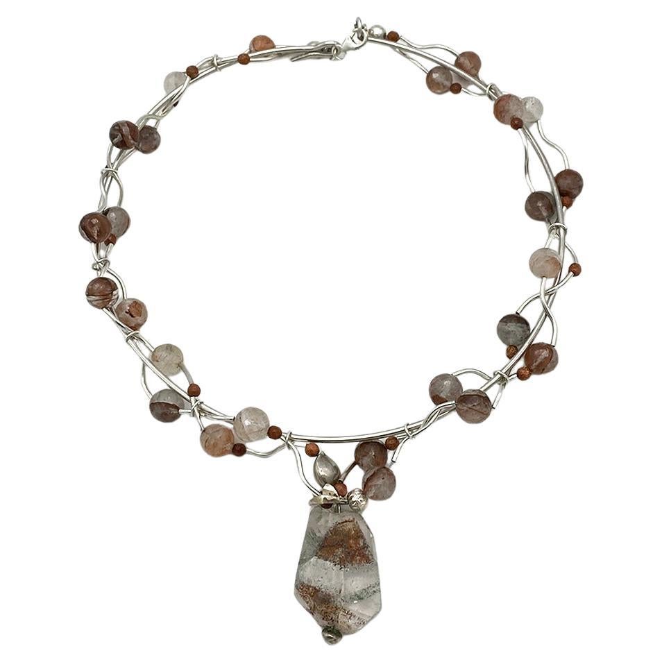 Rutilated Quartz and Sterling Necklace with Pendant For Sale