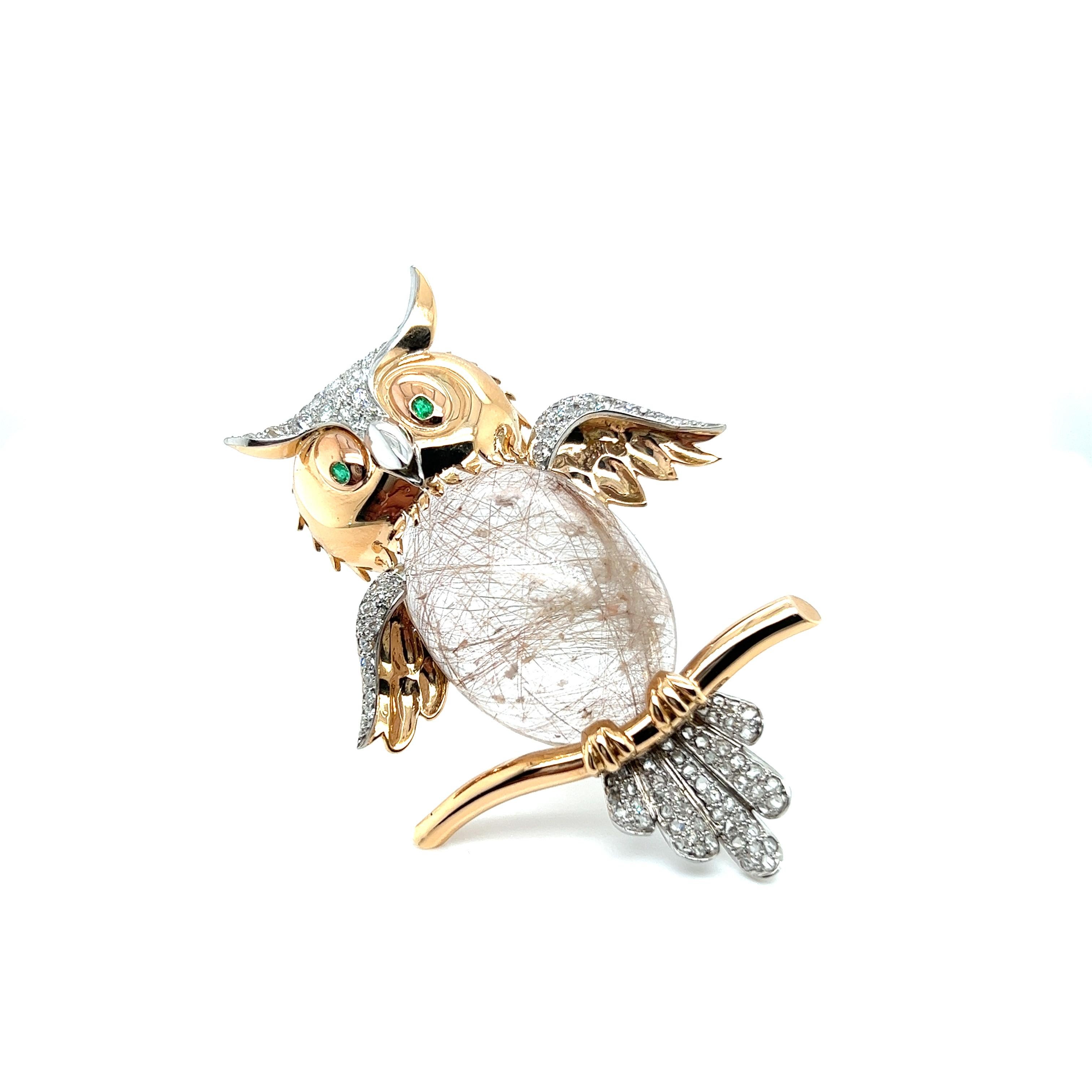 Playful and charming, this owl brooch is a fun piece of jewelry for a versatile collection. 

This funky piece is expertly crafted in a blend of 18 Karat red and white gold, enhancing its intricate details. Perched on a branch, the owl's body is