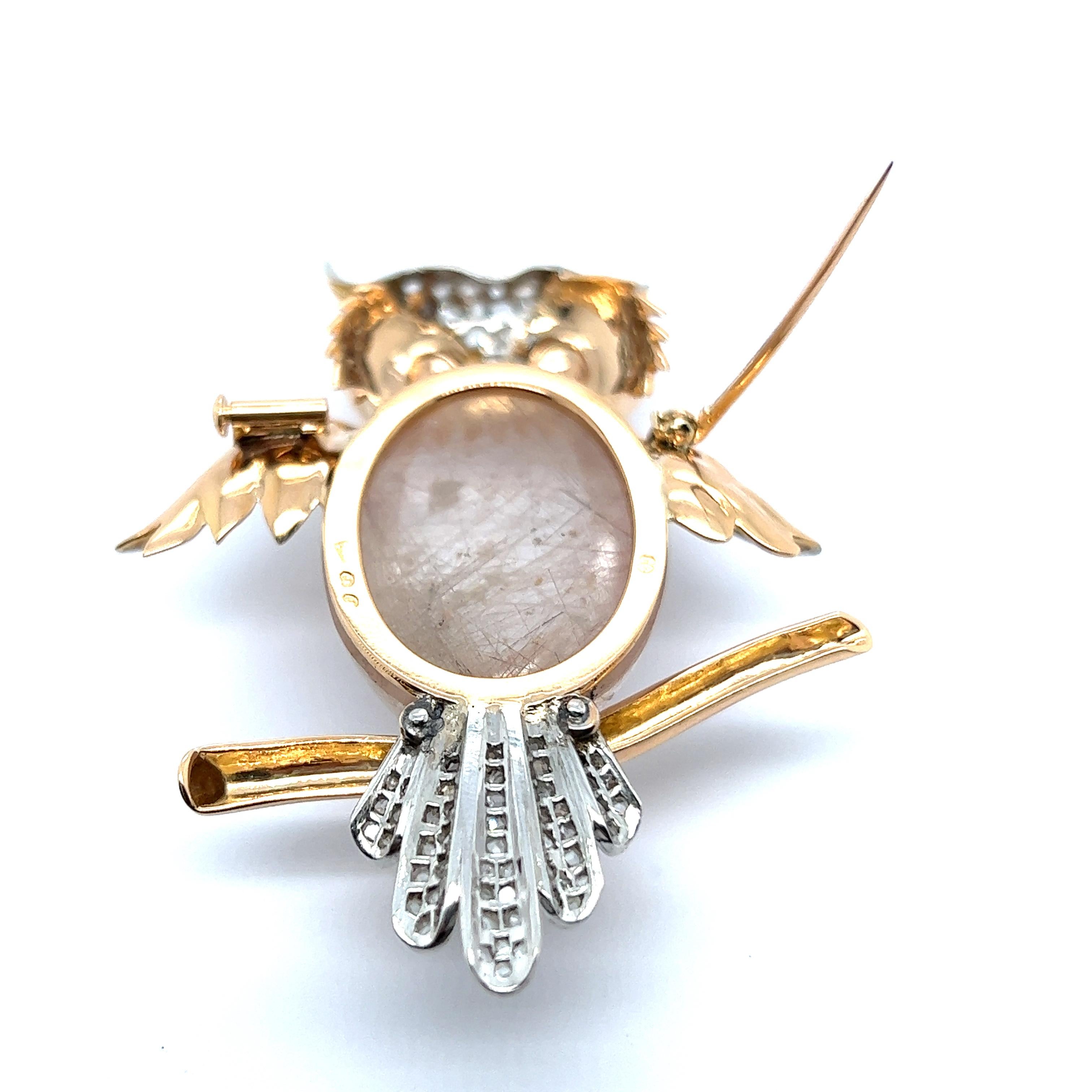 Brilliant Cut Rutilated Quartz Brooch with Diamonds in 18 Karat Red & White Gold For Sale