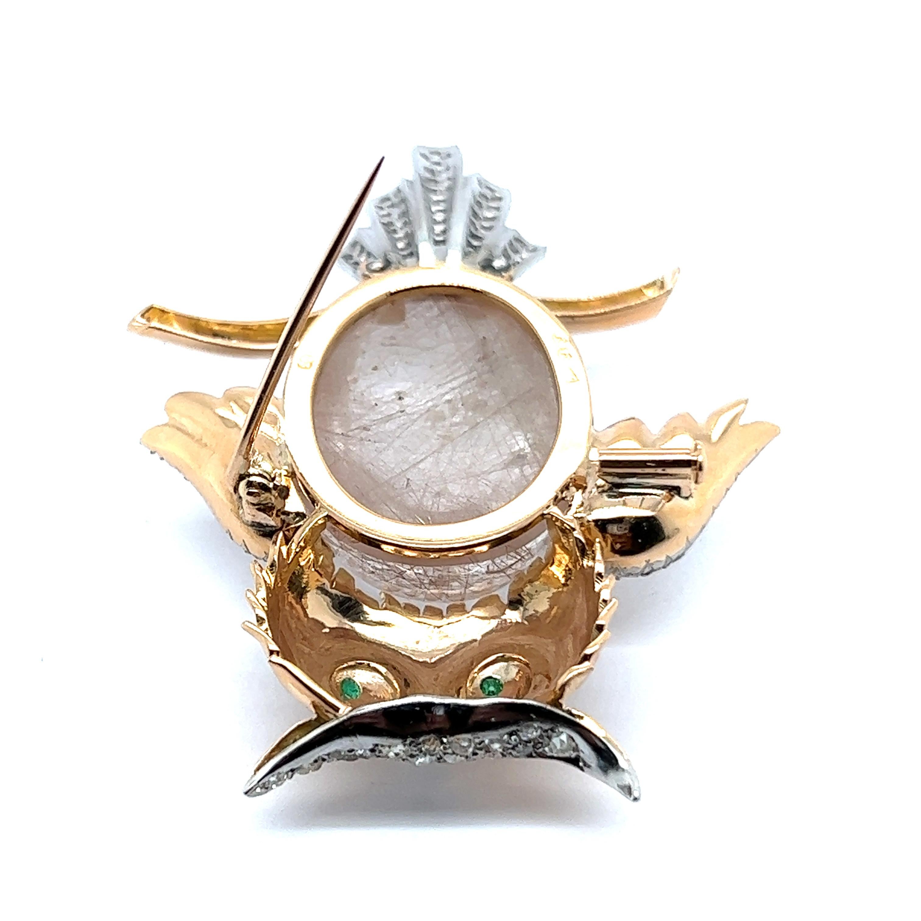 Rutilated Quartz Brooch with Diamonds in 18 Karat Red & White Gold For Sale 3