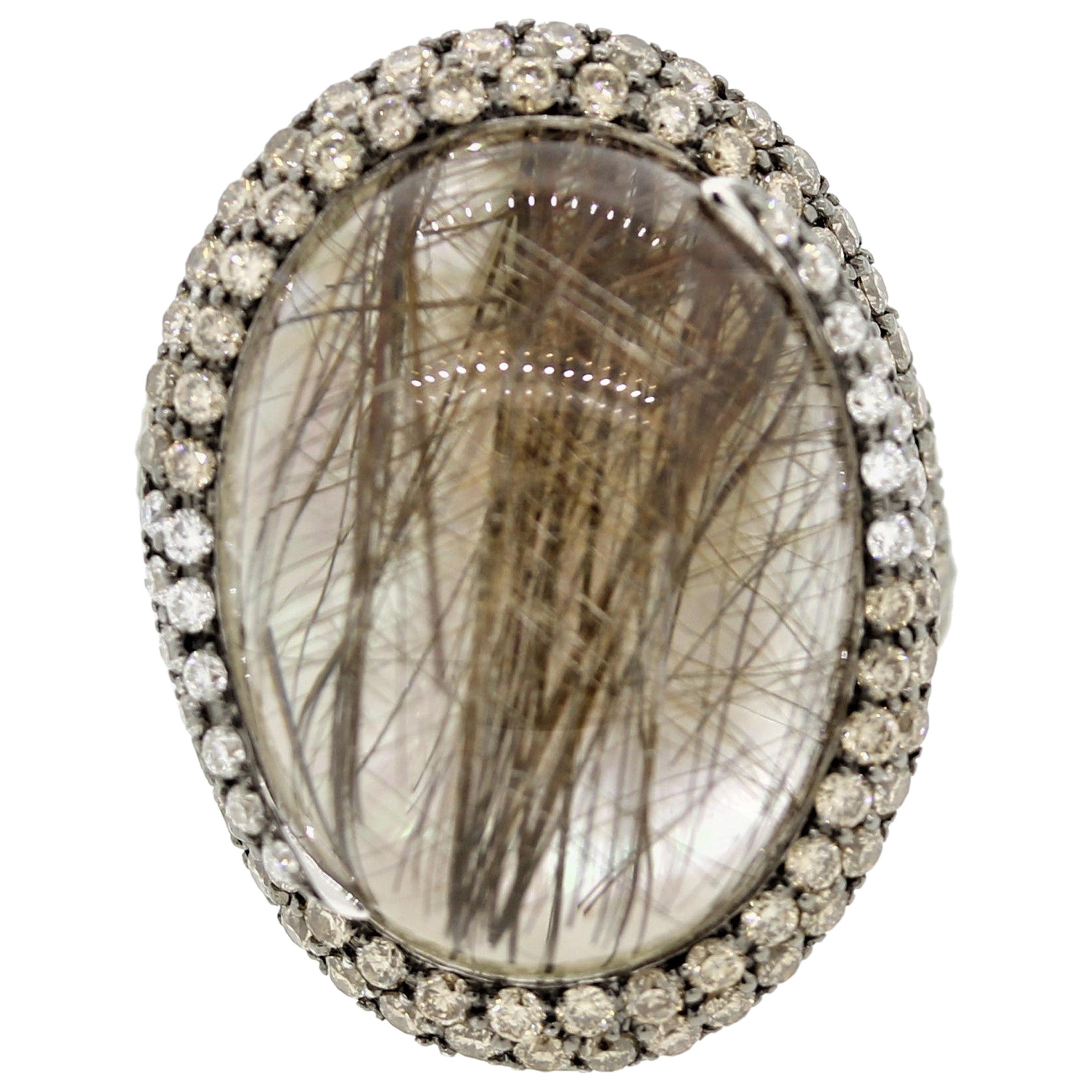 Rutilated Quartz Diamond Mother of Pearl Gold Cocktail Ring For Sale