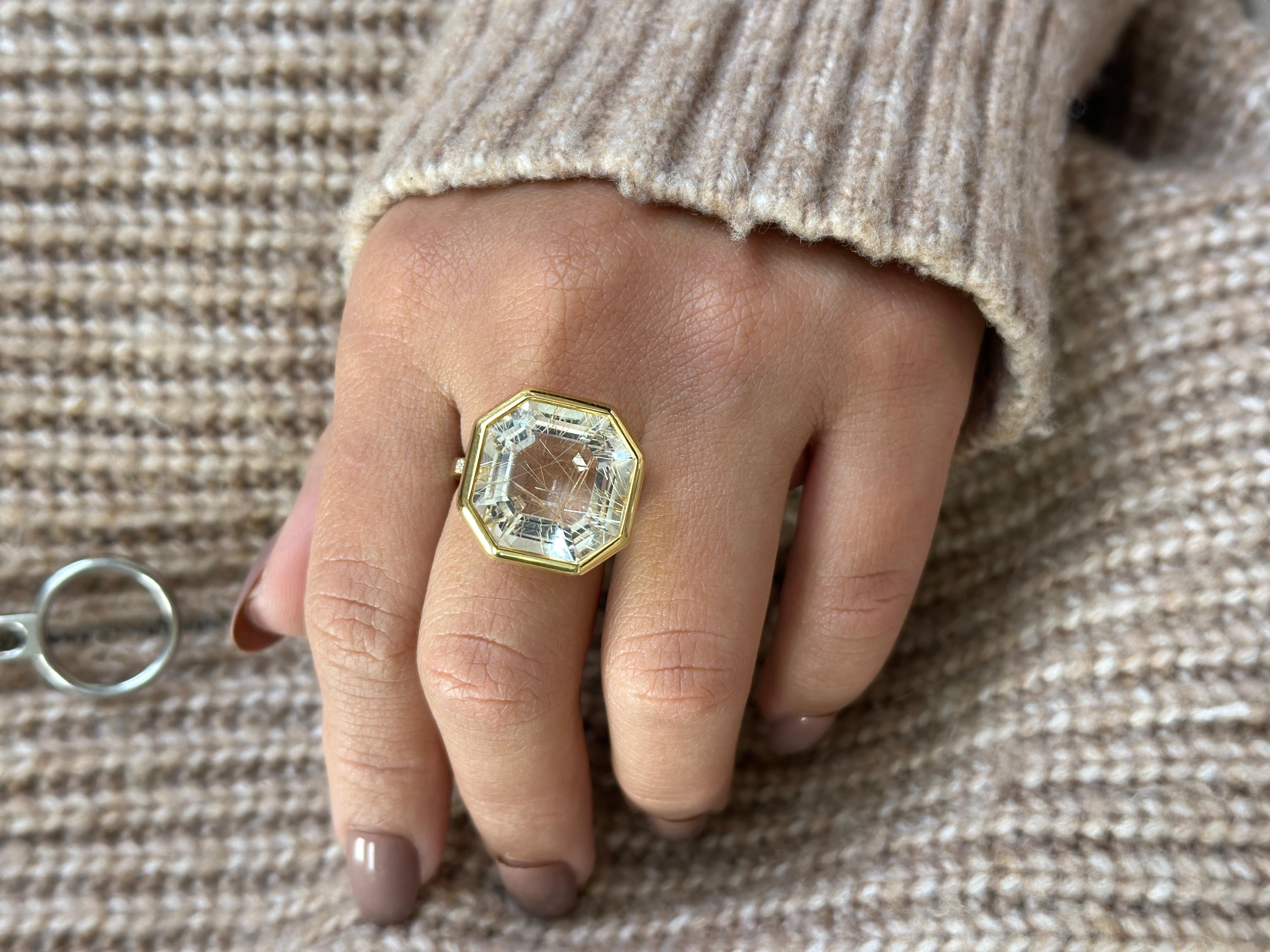 For Sale:  Rutilated Quartz & Diamond Octagon Ring in 18K Yellow Gold 2