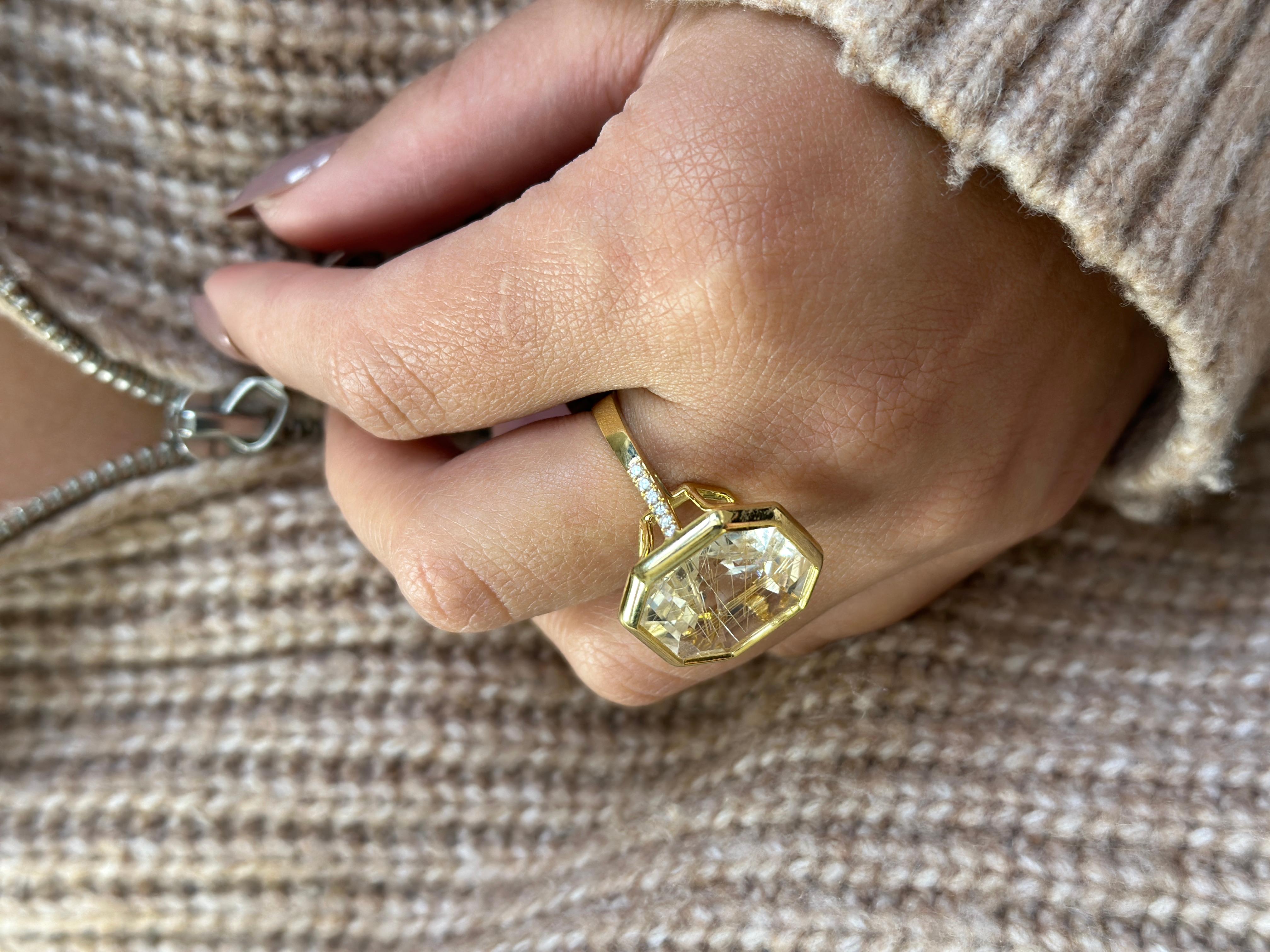 For Sale:  Rutilated Quartz & Diamond Octagon Ring in 18K Yellow Gold 3