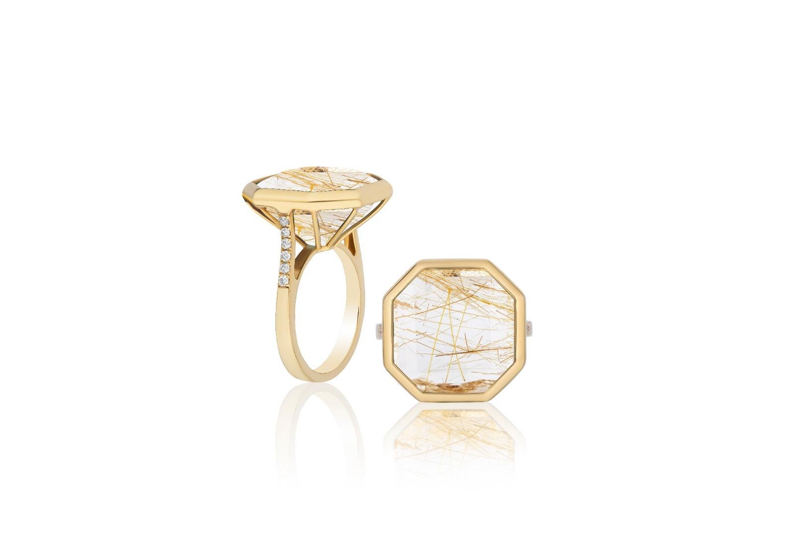 For Sale:  Rutilated Quartz & Diamond Octagon Ring in 18K Yellow Gold 4