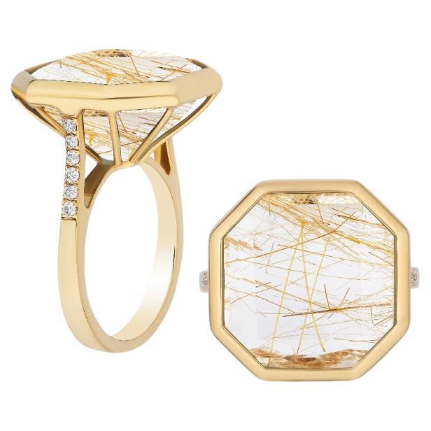 Rutilated Quartz & Diamond Octagon Ring in 18K Yellow Gold