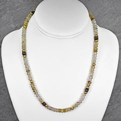 Rutilated Quartz, Diamond, Oxidized Silver and 14 Karat Gold Beaded Necklace