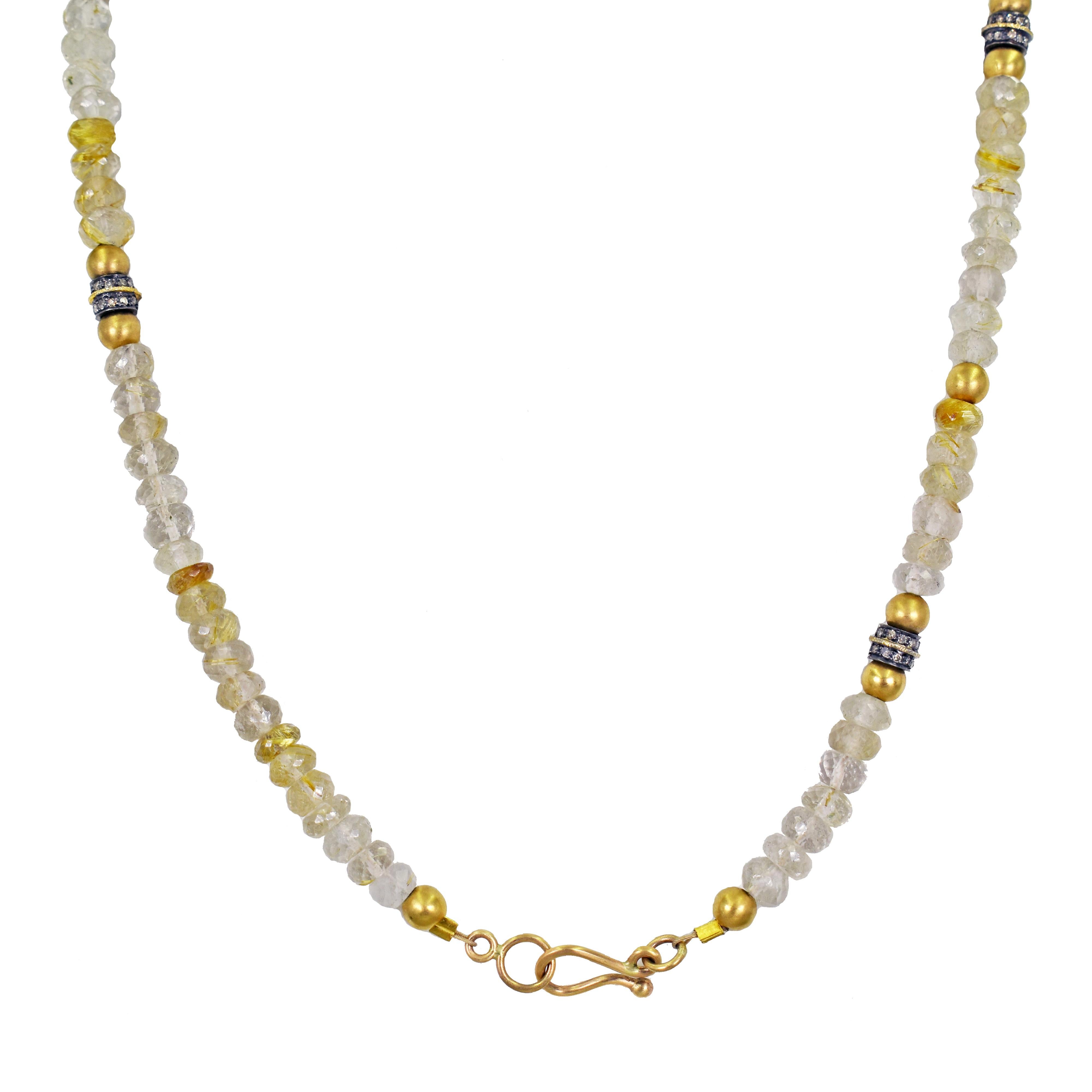 Collana con perline in quarzo rutilato, diamanti, argento ossidato e oro 14 carati In condizioni Nuovo in vendita a Naples, FL